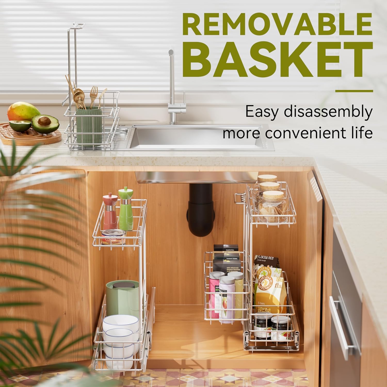 2 Tier Under Sink Organizer 11" W X18 D, Pull Out Cabinet Organizer One Removable Basket, Under Sink Slide Out Chrome Plated, Under Kitchen Bathroom Sink Organizer, 2 Pack