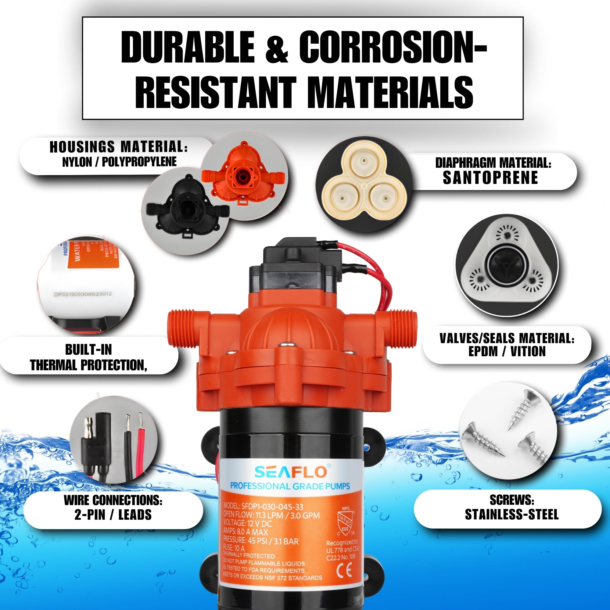 LIGHTEU SEAFLO DC Membranpumpe – 12 V, 3,0 GPM, 45 PSI mit automatischem Schalter