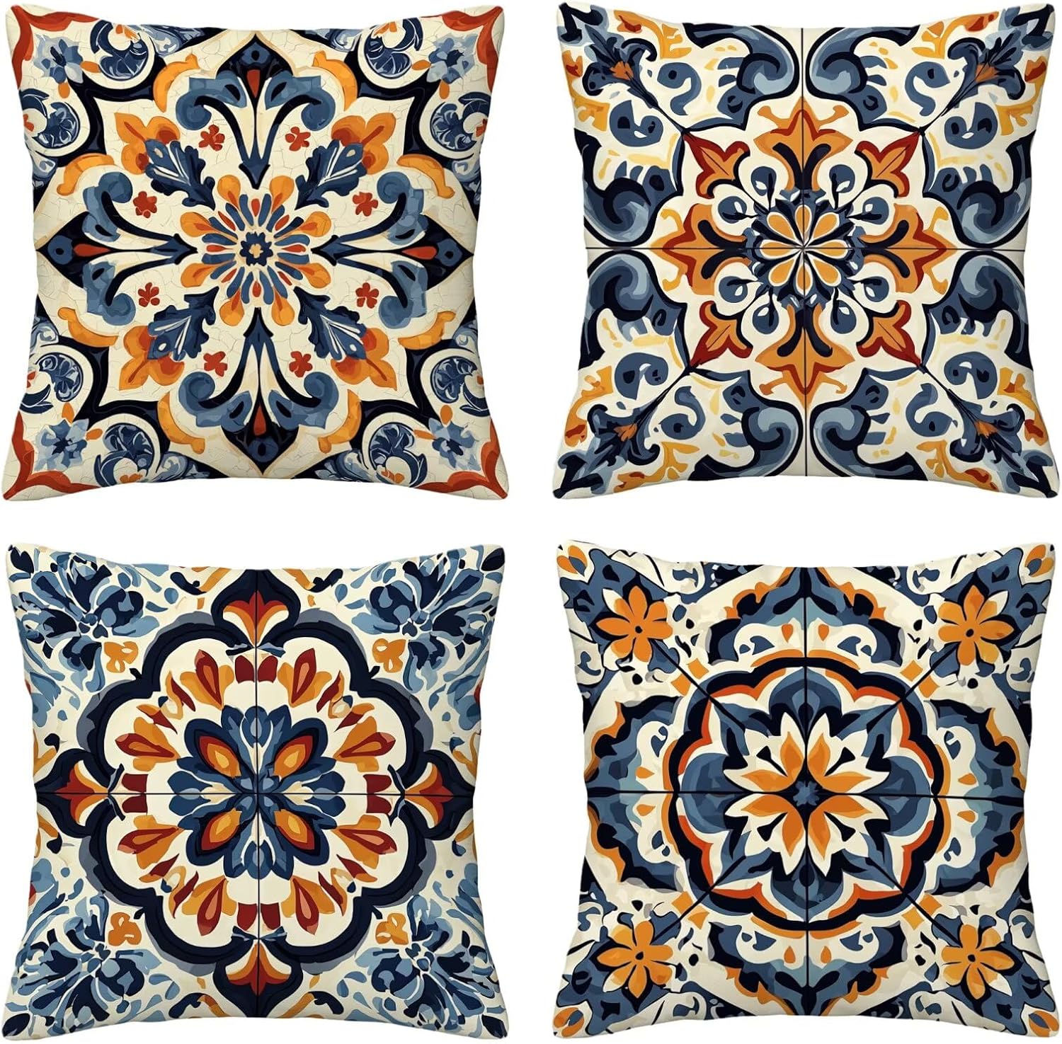 Outdoor Pillow Covers 16x16 Inch, Set of 4 Waterproof Outdoor Throw Pillow Covers, Decorative Square Color Linen Cushion Cases, Ethno Pillowcases for Patio Funiture Garden Tent Balcony Couch Sofa, E-8