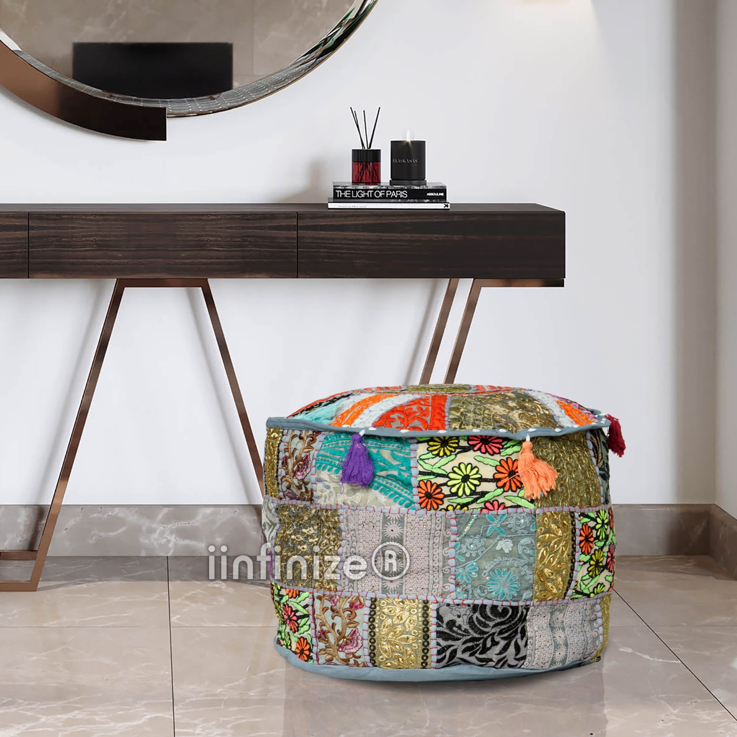 Patchwork Pouffe Cover Round Traditional Furniture Footstool Seat Puff Embroidered Tassels Bean Bag Cover Cotton Floral Design Ottoman (18x18x13 Inch)-image-10