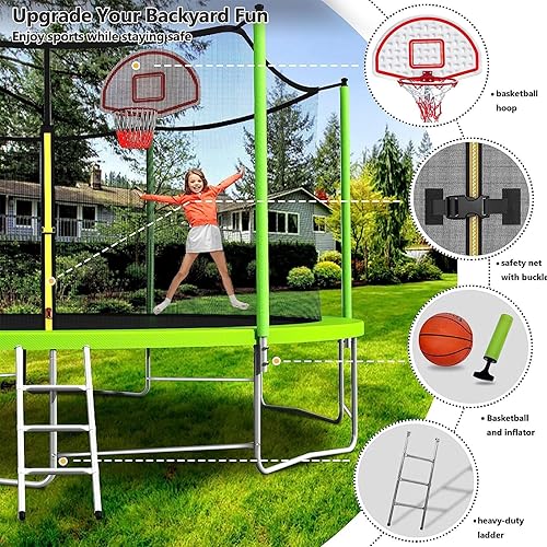 Miniatura 6 de Lyromix Trampolín mejorado de 16 pies, 15 pies, 14 pies, 12 pies, 10 pies y 8 pies, para exteriores con aro de baloncesto y red, capacidad para 4-6