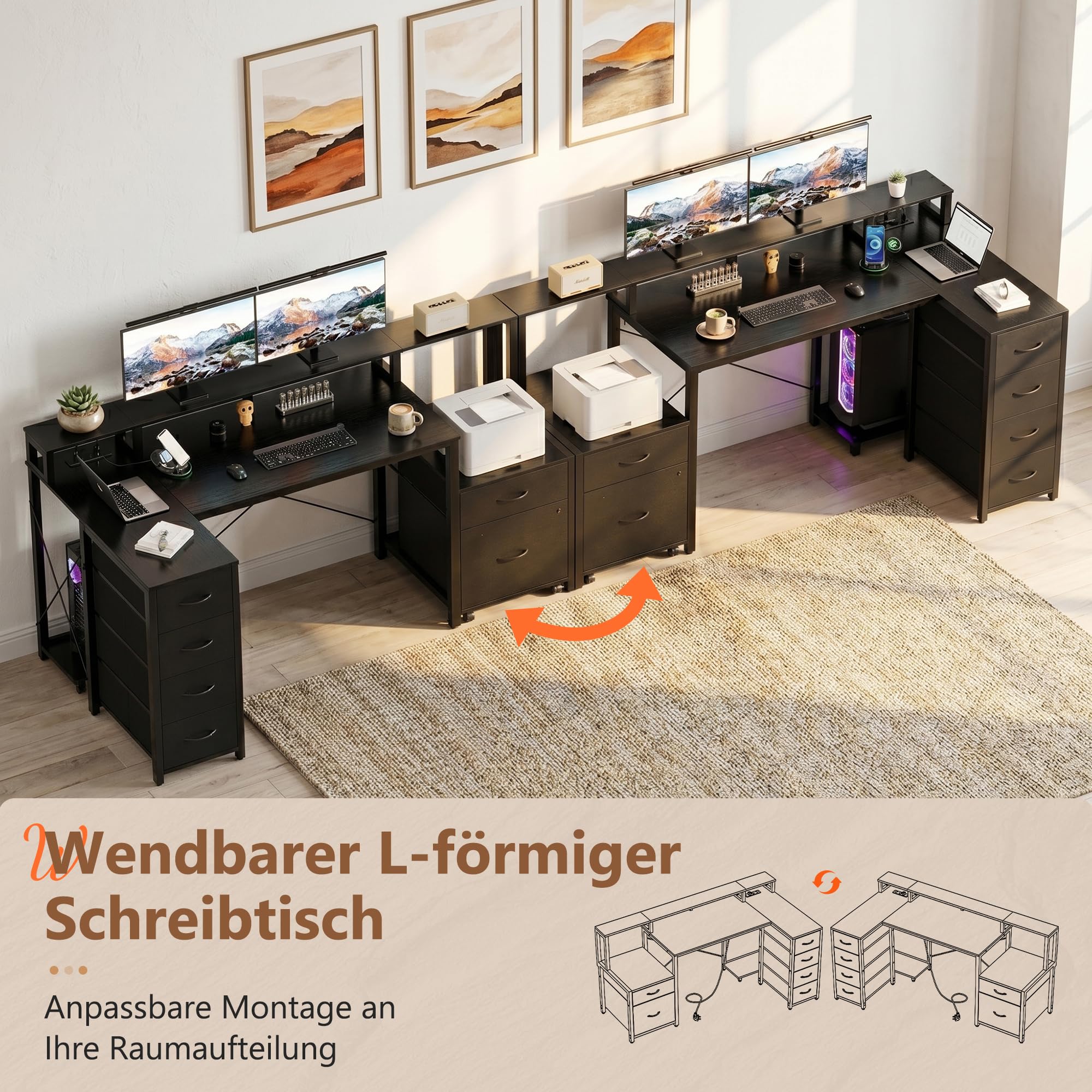 YOUDENOVA Schreibtisch L Form mit Schubladen, 150x80cm Eckschreibtisch mit LED & Steckdose & USB, Reversibel Gaming Tisch mit Monitorständer, Stauraum, Computertisch für Homeoffice & Gaming, Schwarz