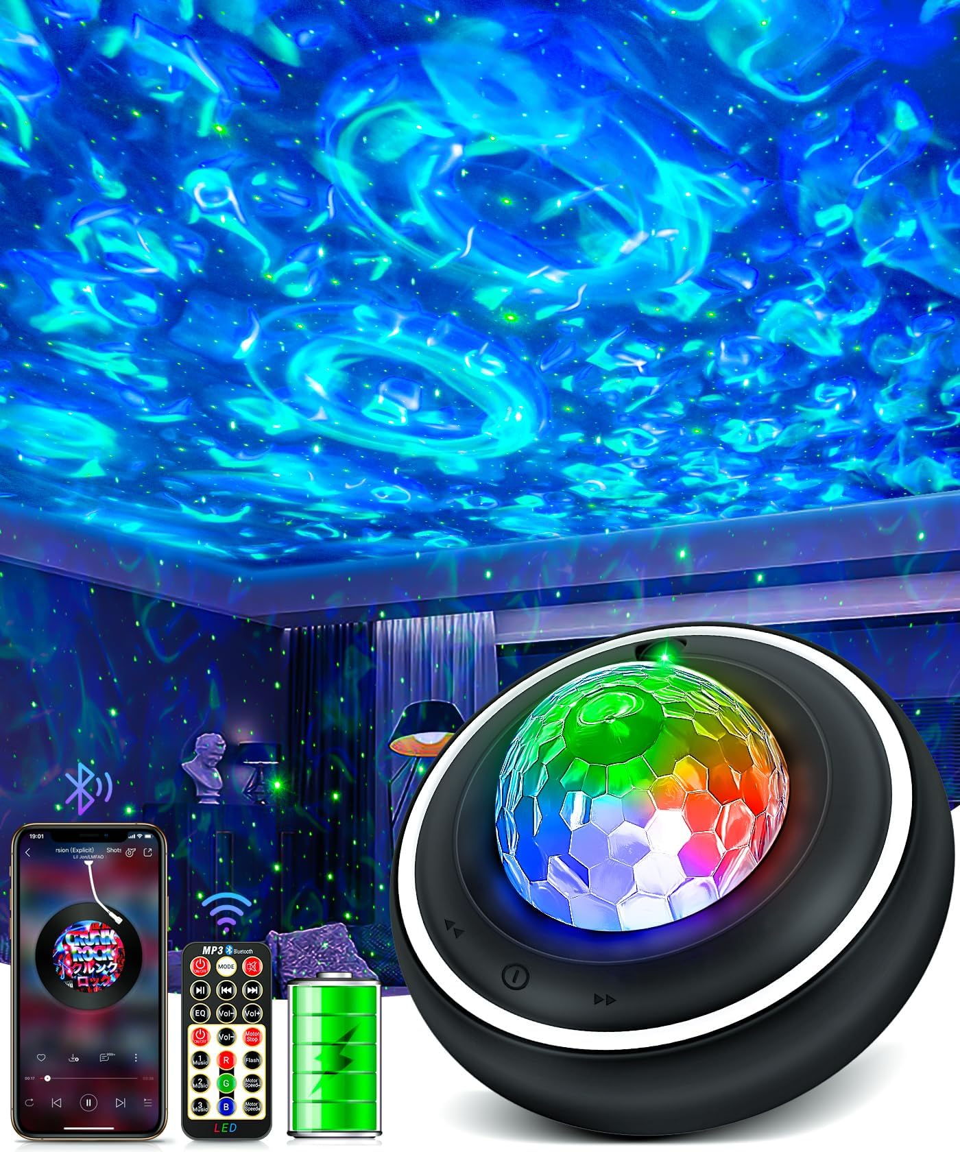 Galaxy Projector Star Night Lights - Music Bluetooth Speaker Colour Starry Starlight Ocean Wave Led Stars Projectors Light for Baby Kids Adult Bedroom