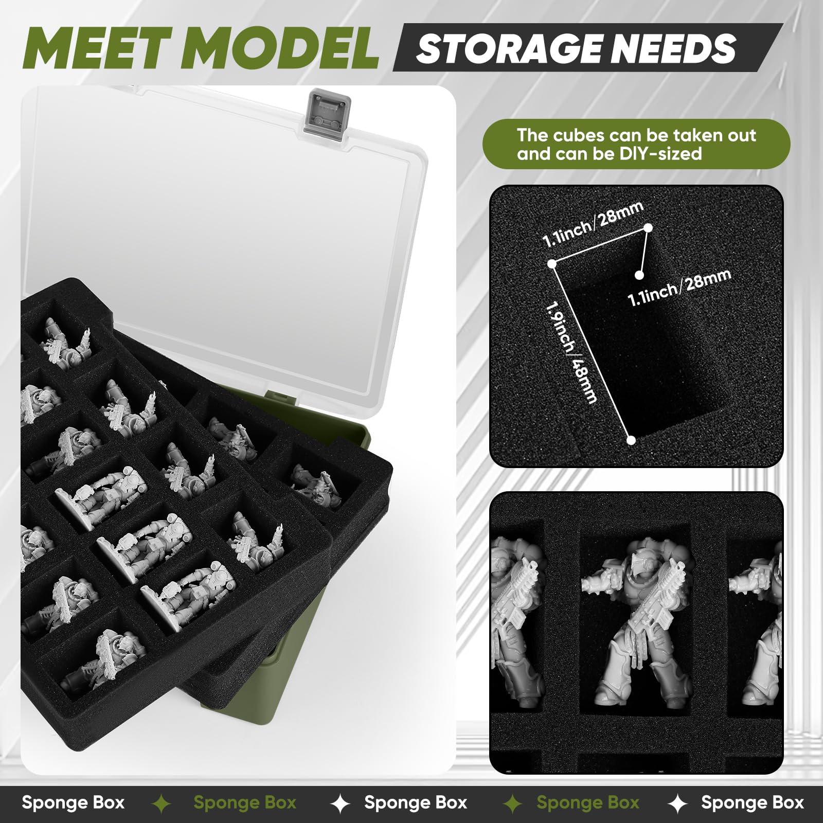 Custodia in miniatura per il trasporto di statuette, 32 scomparti, con 2 strati di schiuma, per miniature compatibile con 40k, DND e altro (verde1)