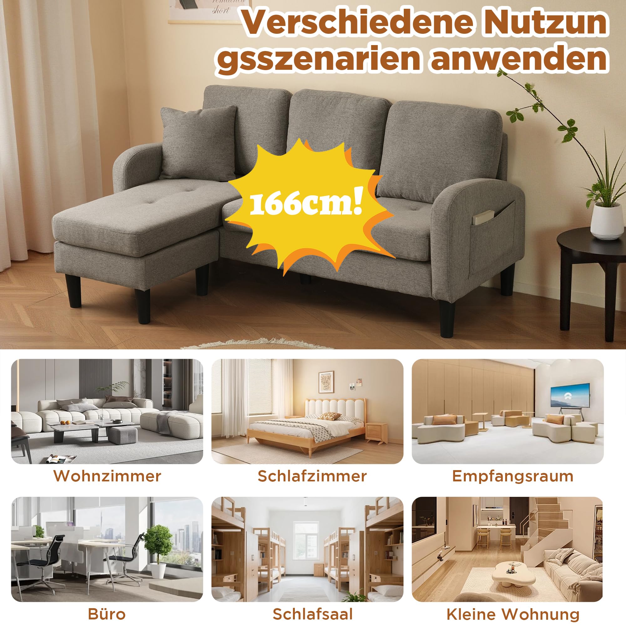 Sofá esquinero en forma de L con chaise longue intercambiable a izquierda y derecha, sofá de 3 plazas, sofá modular de lino de algodón transpirable, ideal para salón, apartamentos pequeños