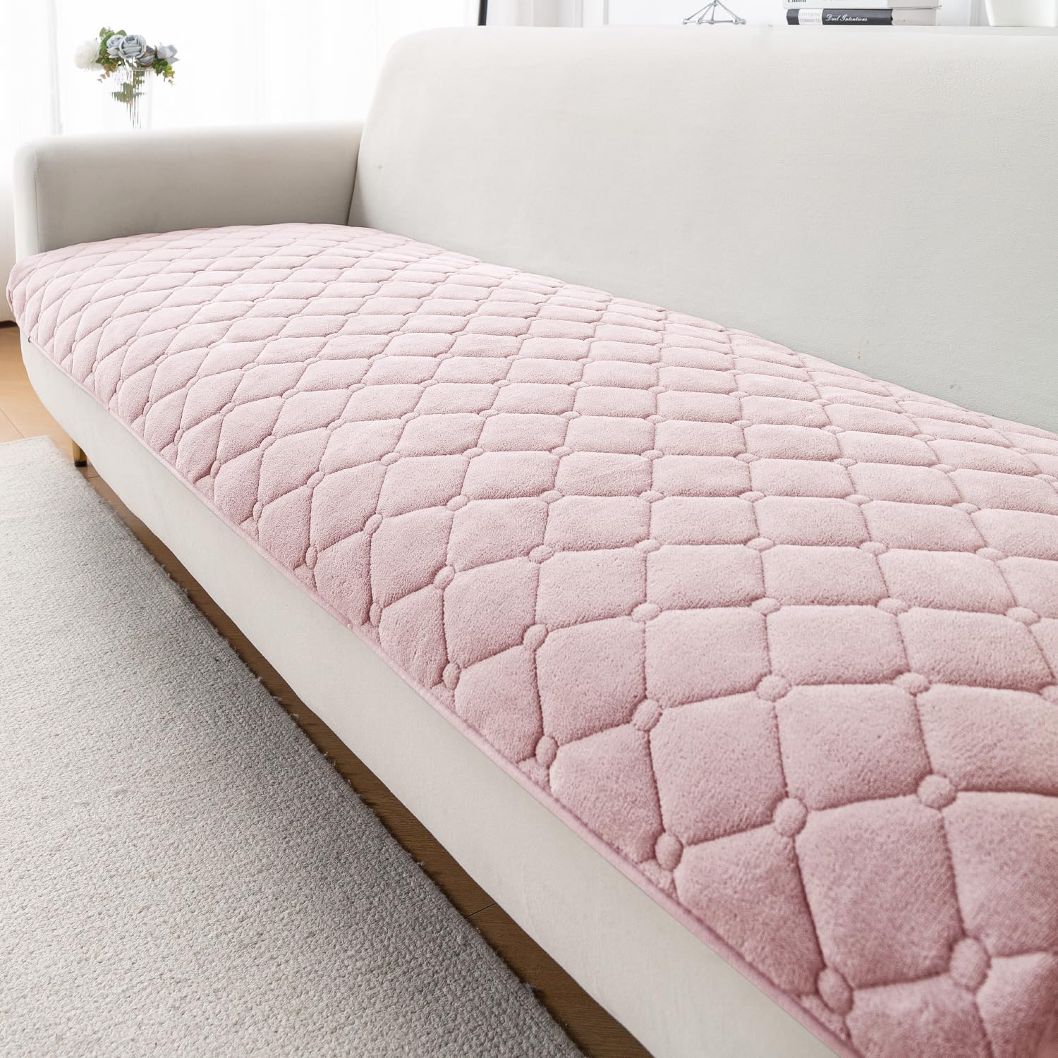 HOKIPO 'Diamond Tuft' Premium Quilted Anti Slip Sofa Cover Mats for L Shape and 1/2/3 Seater Sofa. Make Your Own Sofa Cover Set, 70(D) x 220(L) cm, Blush Pink (AR-6329-PNK)