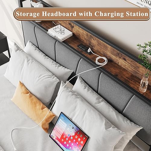 Miniatura 3 de Base de cama de tamaño matrimonial con cabecera y estación de carga, cabecera tapizada completa con estante de almacenamiento, marco de cama de