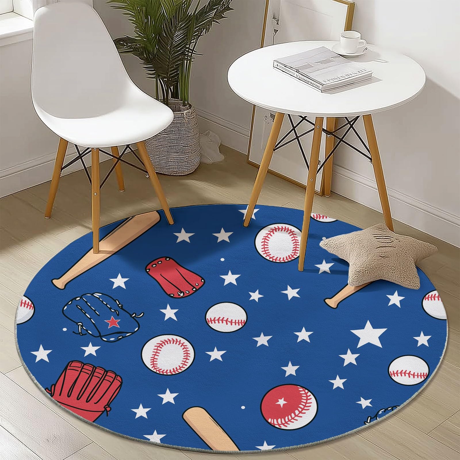Tapis Rond 180 cm, Lavable & Antidérapant Doux à Poil Court, Motif Cartoon Baseball Étoiles Tapis pour Salon Chambre d'enfant d'amis Salle à Manger Bureau, Multicolore