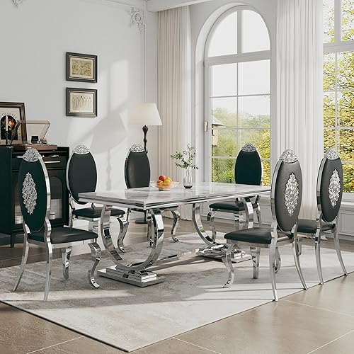 Miniatura 32 de Juego de 6 mesas de comedor de mármol de lujo, mesa de cocina de mármol sintético doble en forma de O de 70 pulgadas con 6 sillas ovaladas de cuero