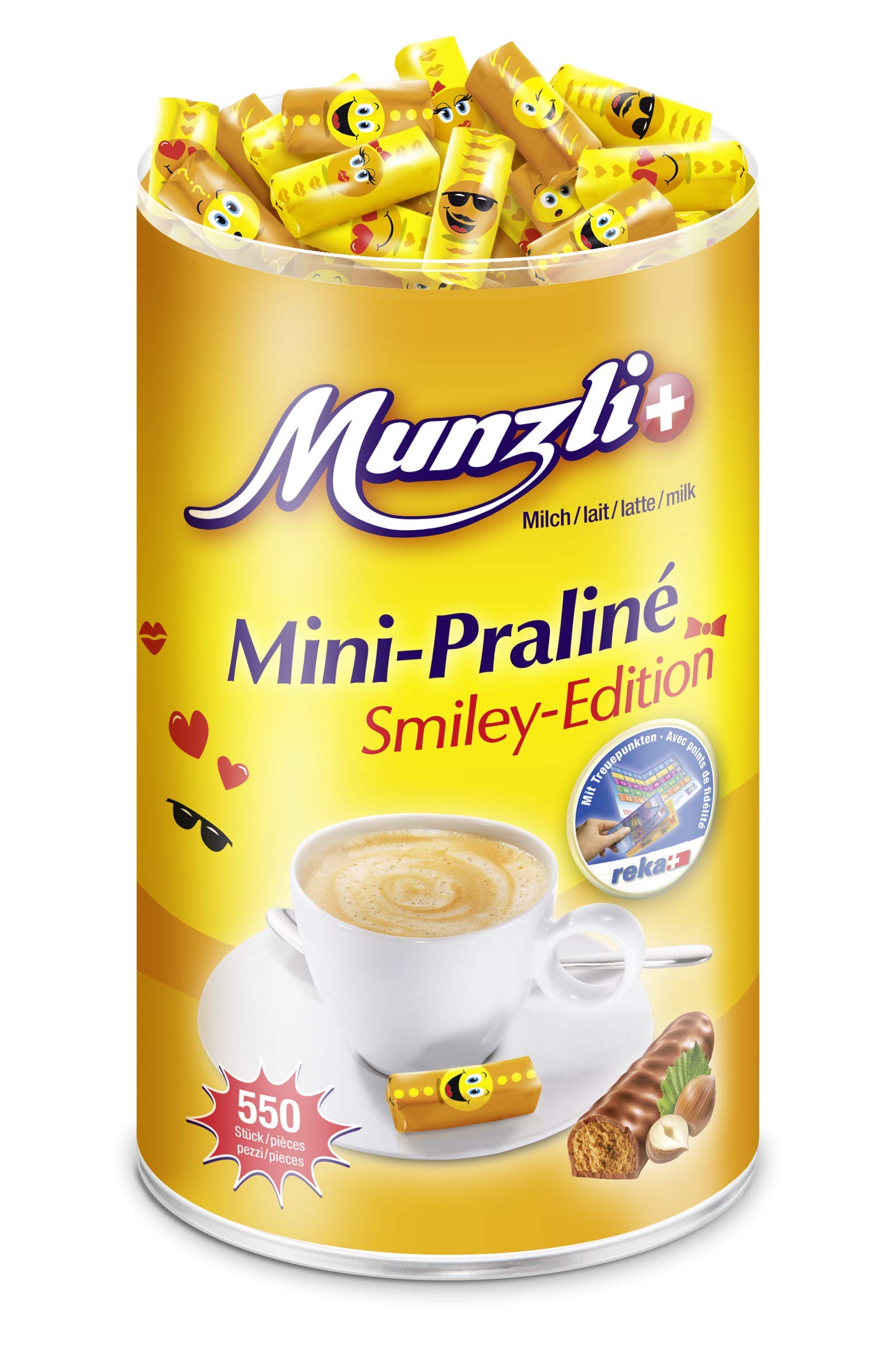 Munz Schweizer Munzli Mini-Praliné | Smiley-Edition | 500 Stück - 2,5kg | Mini Schokoladenriegel, perfekte Kaffeebeilage auf der Untertass, perfekt für Kinder, mit gerösteten Haselnuss-Splittern