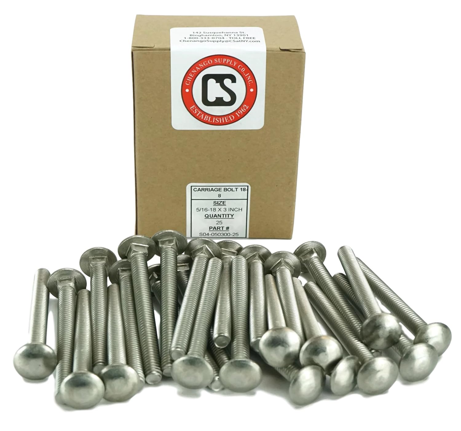 Chenango Supply Stainless 5/16-18 x 3inches Carriage Bolt (1inches to 5inches Lengths Available in Listing), 18-8 Stainless Steel,25 Pieces (5/16-18x3)