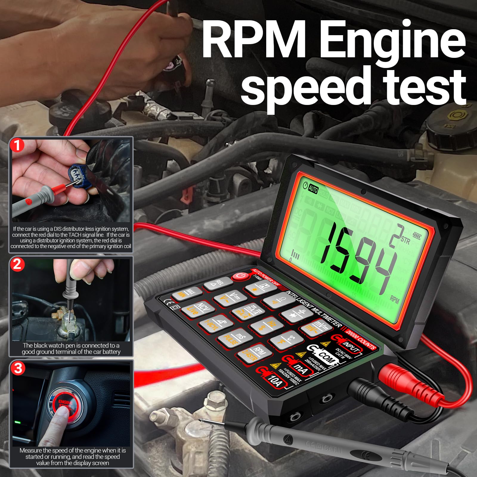 ANENG Multimeter,20.000 Counts Digitaler Kabelloser Kfz-Motoranalysator mit 300-19.999 U/Min Drehzahlmesser,AC/DC Strom,Spannung,Ohm,Hochklappbarem LCD-Display,Data-Hold-Tester für die Kfz-Diagnose