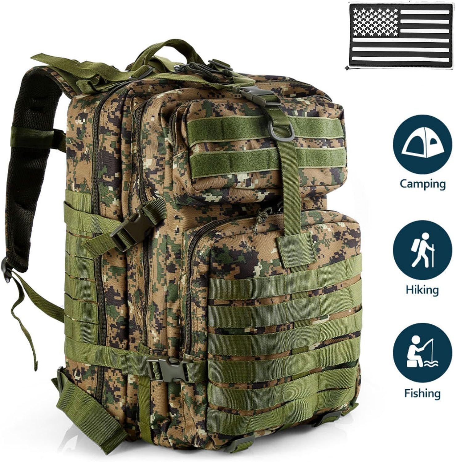 50L Sturdy Nylon Waterproof Fishing Hunting Backpack Outdoor Military Rucksacks Tactical Sports Camping Hiking Bags (Camouflage green)