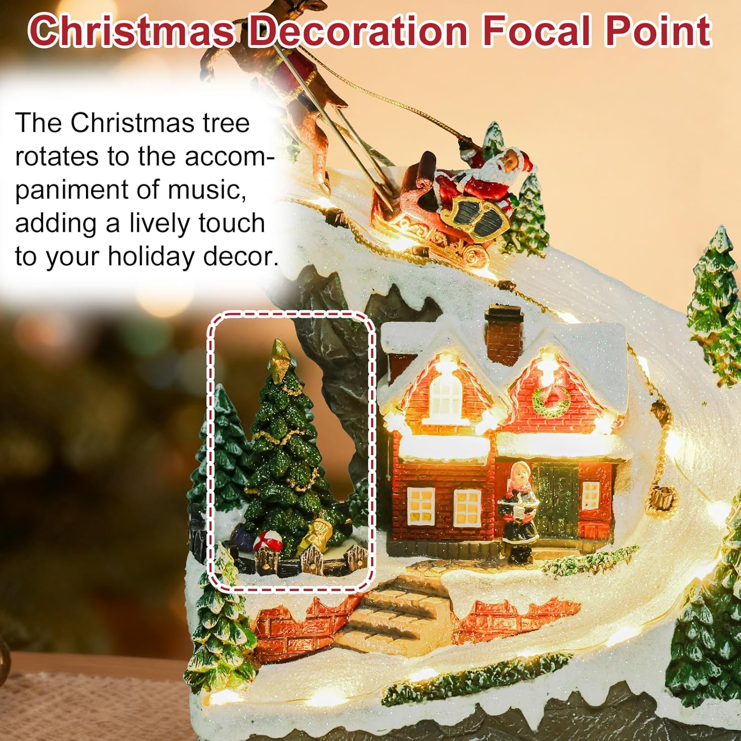 Giftgarden Christmas Village House with Santa Deer Sleigh, Musical Lighted Christmas Collectible Building Tabletop Decoration