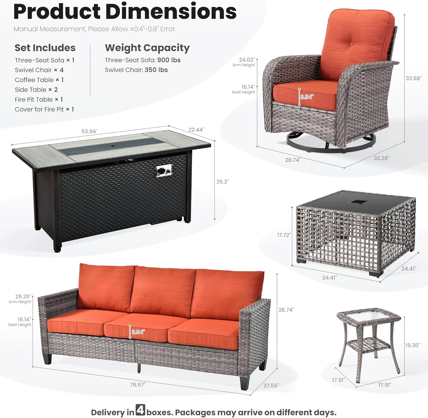 ovios 9 Pieces Patio Furniture Set, Outdoor Wicker Sofa Couch with Rocking Swivel Chairs Fire Pit Table, Modern Deep Seat Rattan Conversation Sets for Deck Porch, Orange Red