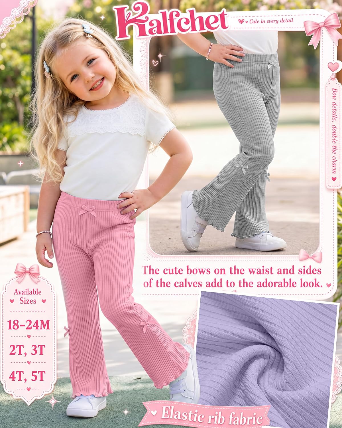 Halfchet 4 Pack Toddler Girls' Flare Pants 18M-5T Cotton Ribbed Baby Bell Bottoms Ruffle Bow Infant Casual Bootcut Leggings