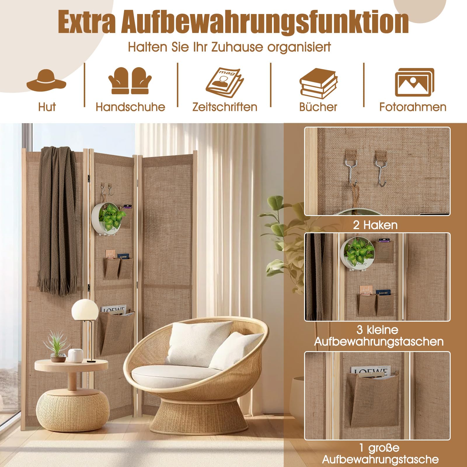 COSTWAY Paravent 170 x 121cm, Raumteiler mit 2 Haken, 1 große & 3 kleine Aufbewahrungstaschen, 3 teilige Trennwand klappbar, Leinen Optik, Holzrahmen, Sichtschutz für innen