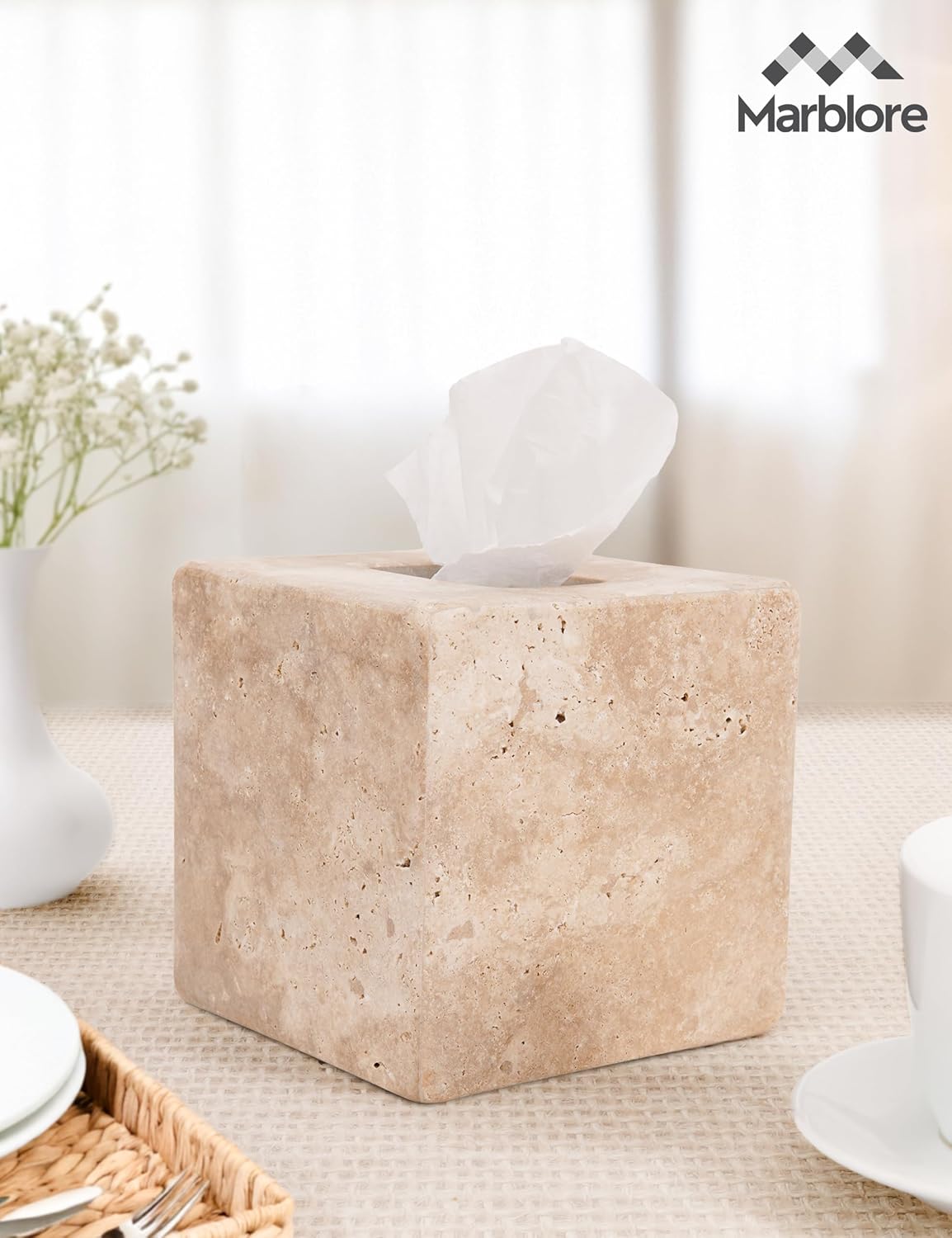 Marble Tissue Box 5.5" Travertine Tissues Holder for Bathroom Vanity Organizer, Countertop, Perfect for Valentine’s Day Living Room or Home Office, Decorative Box for Facial Tissues and Napkins