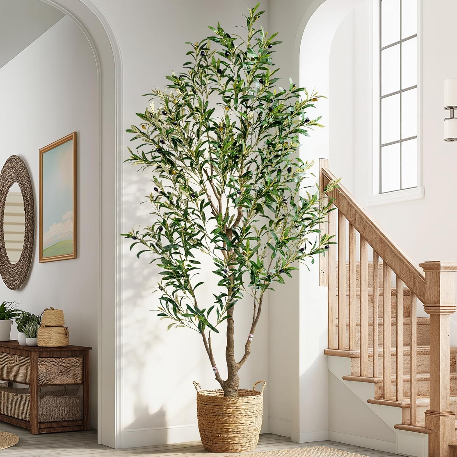6ft Faux Olive Tree with White Pot & Moss, Artificial Olive Tree Indoor Outdoor, PE/PVC Leaves, Realistic Resin Trunk Large Fake Olive Tree Artificial Plants Indoor, Faux Plants Indoor for Home Decor