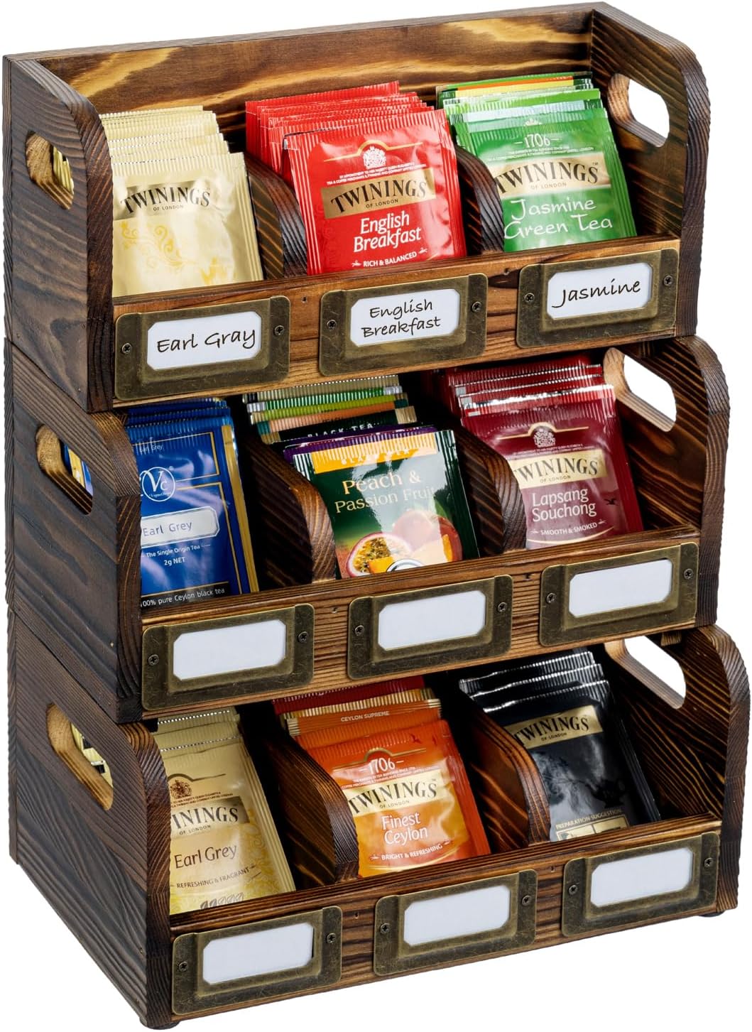 MyGift 3 Tier Tea Bag Holder Organizer, Tea Storage Chest with 9 Compartments, Coffee Station Display Server Bins with Vintage Label, Rustic Wood