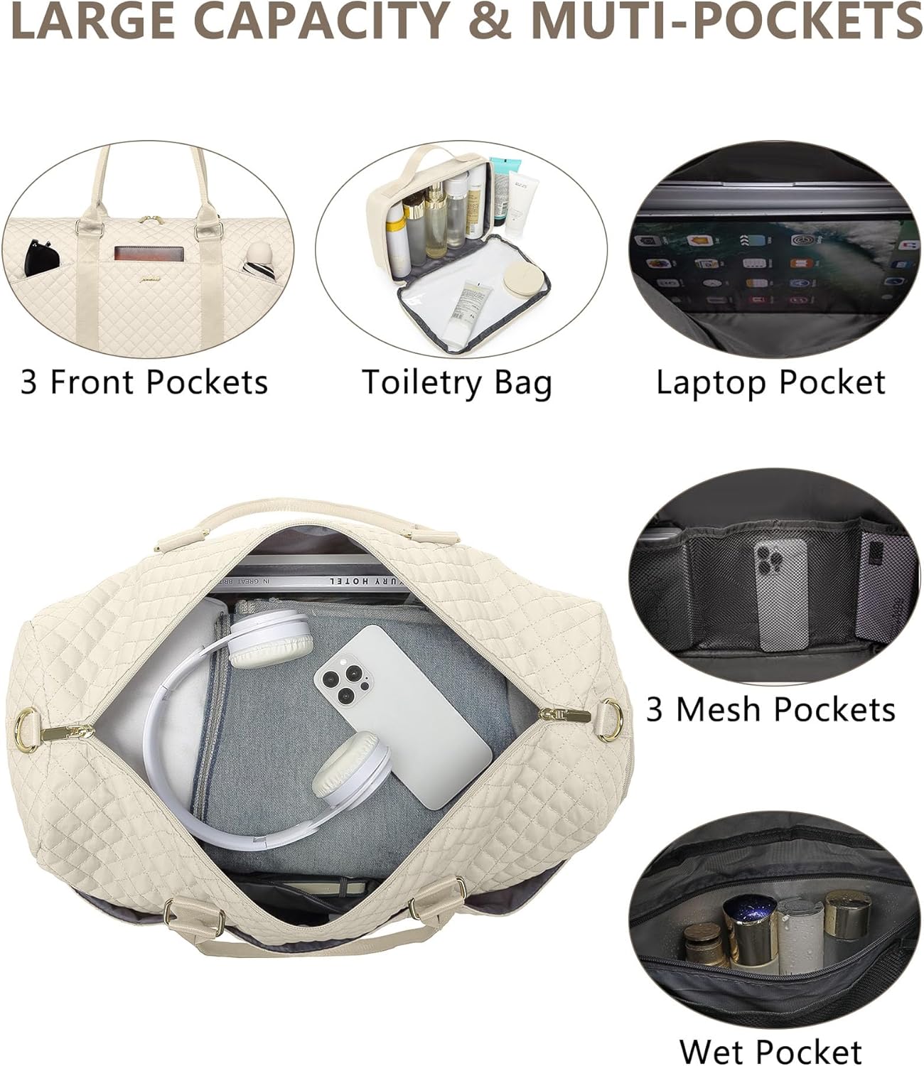 Women Weekender Travel Duffle Bag: Travel Duffel Overnight Bags with Shoe Compartment Large Carry on Tote with Toiletry Bag Weekend Traveling Yoga Gym Hospital Bag for Women with Wet Pocket (Cream) - Image 4