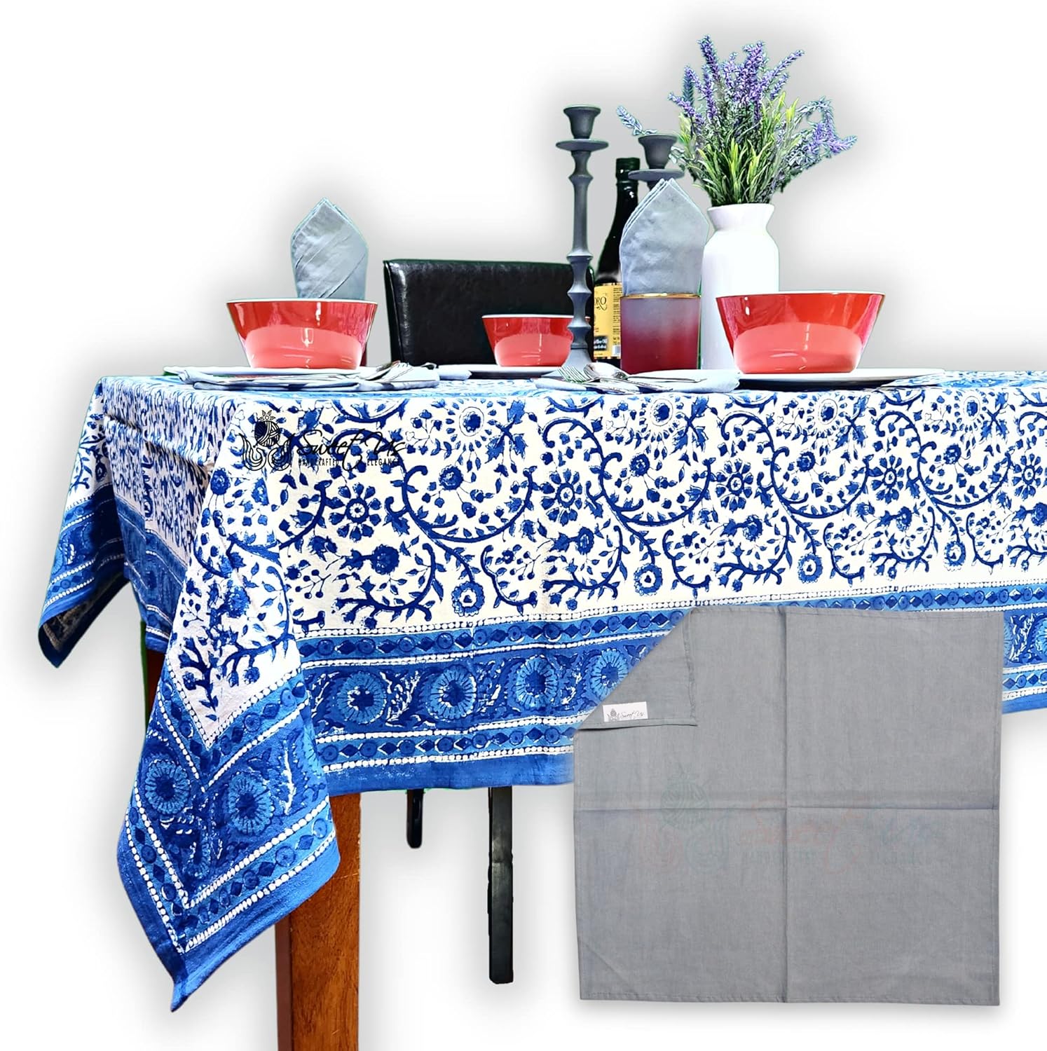 Sweet Us Begonia Floral Cotton Block Print Tablecloth and One Gray Napkin, Floral Kitchen Dining Table Cloth, Table Cover for Indoor and Outdoors, 70 x 102 in, Tiffany Blue