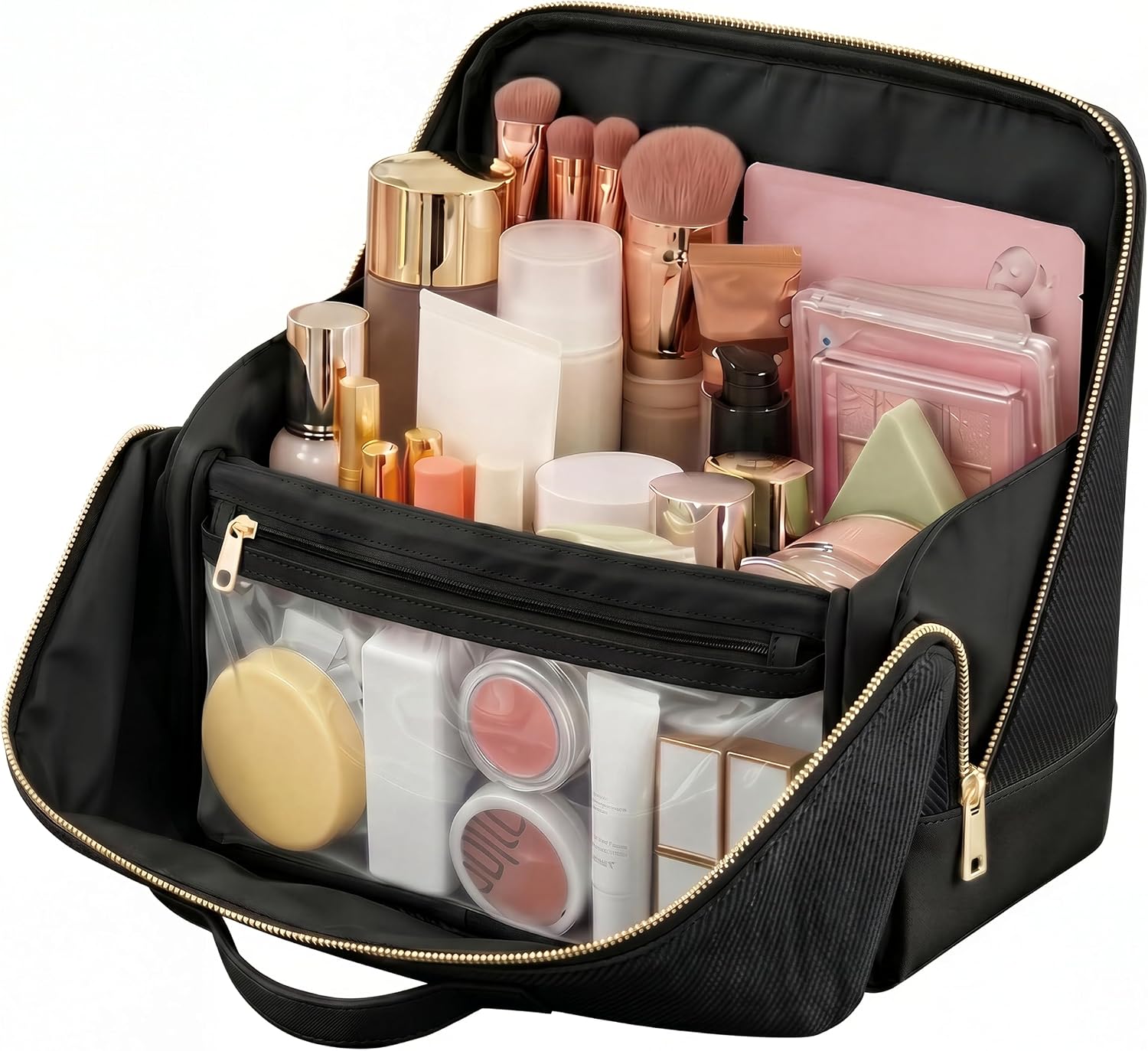Large Travel Makeup Bag, Upright Cosmetic Organizer Case (Black,XL)