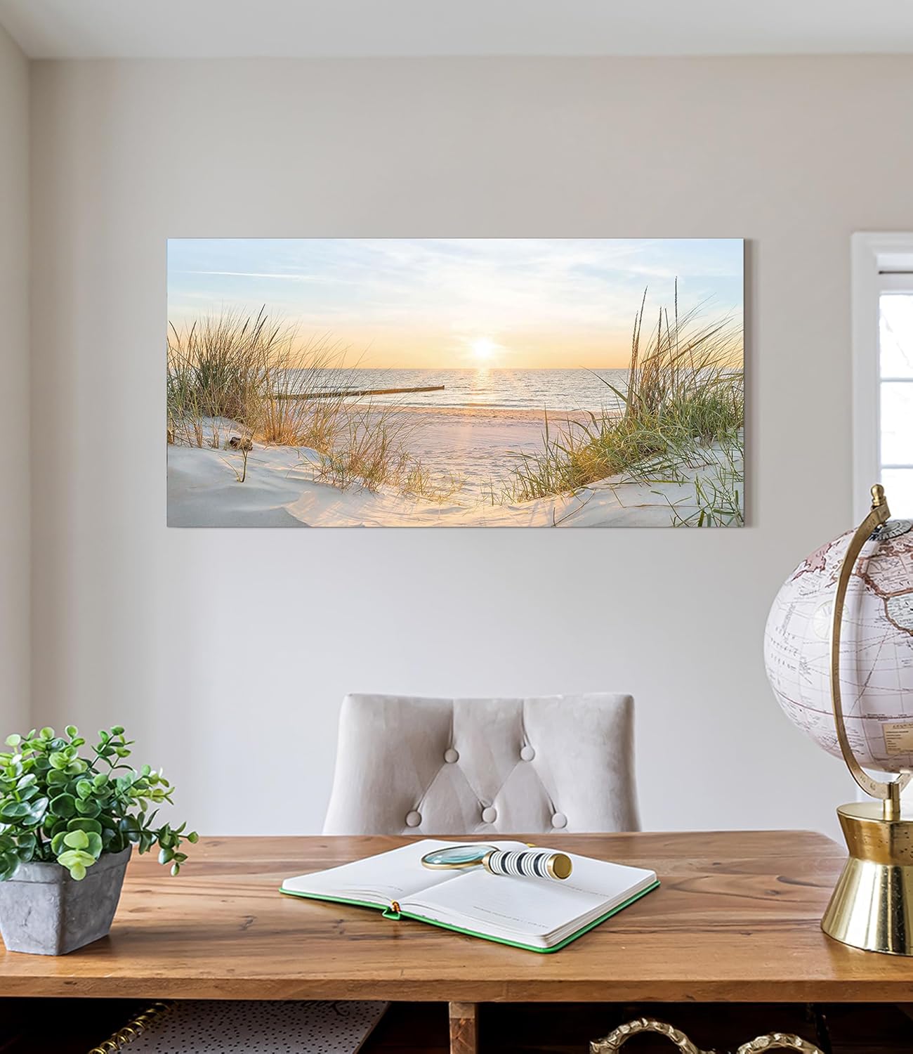 SD SOFT DANCE Coastal Canvas Wall Art Decor: Beach Sunset Scenes Picture Sea Ocean Artwork Seascape Seaside Print Modern Seashore Grass Dunes Painting for Living Room Home Office 48 x 24 Inch - Image 2
