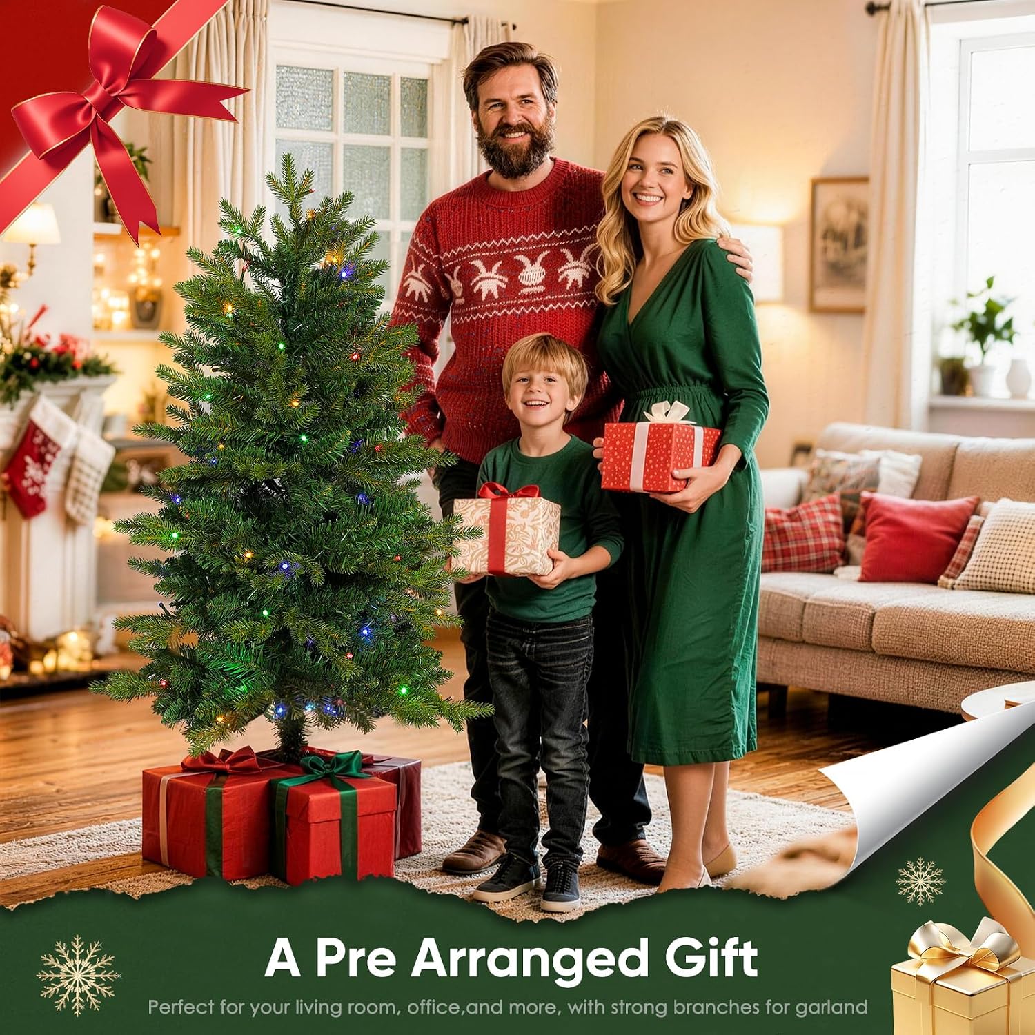 Okicoler 3 FT Tabletop Christmas Tree with Pre-Strung 80 LED Lights, Battery Operated Mini Pine Tree with 236 PVC PE Mixed Tips, 11 Light Modes & Silver Square Base for Holiday Decoration