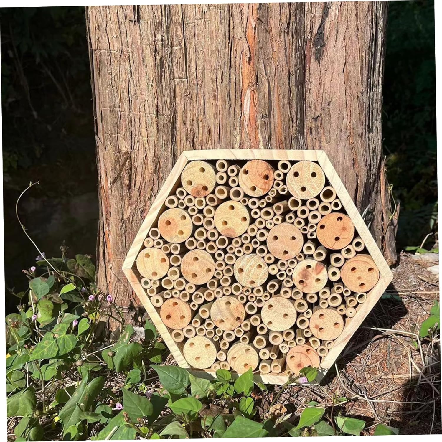 Hexagon Wooden Bee House for Garden - Natural Hotel with Hanging Rope, Mason Bee House for Outdoor to Attract Pollinators, Bug Hotel Garden Decoration