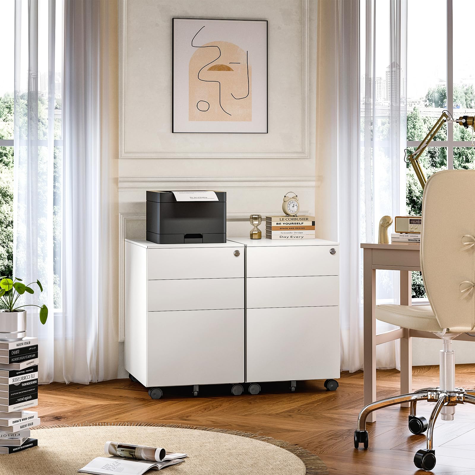 Sightlife Metal Caisson de Rangement Mobile Caisson de Bureau à 3 Tiroirs Meuble à dossiers Bureau Placard de Rangement Mobile Rangement Document à roulettes 39 x 50 x 60 cm Blanc