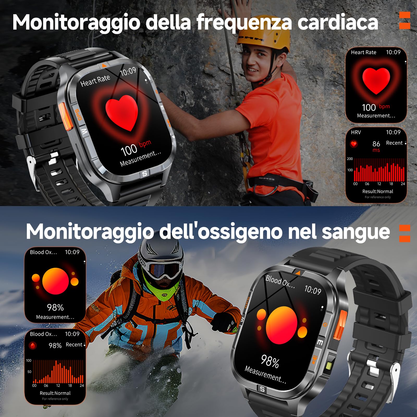 Orologio intelligente GPS militare con bussola/altezza/torcia, 2,01 pollici con schermo HD, assistente vocale/chiamate Bluetooth, per Android e iOS, diverse modalità di movimento (Nero)