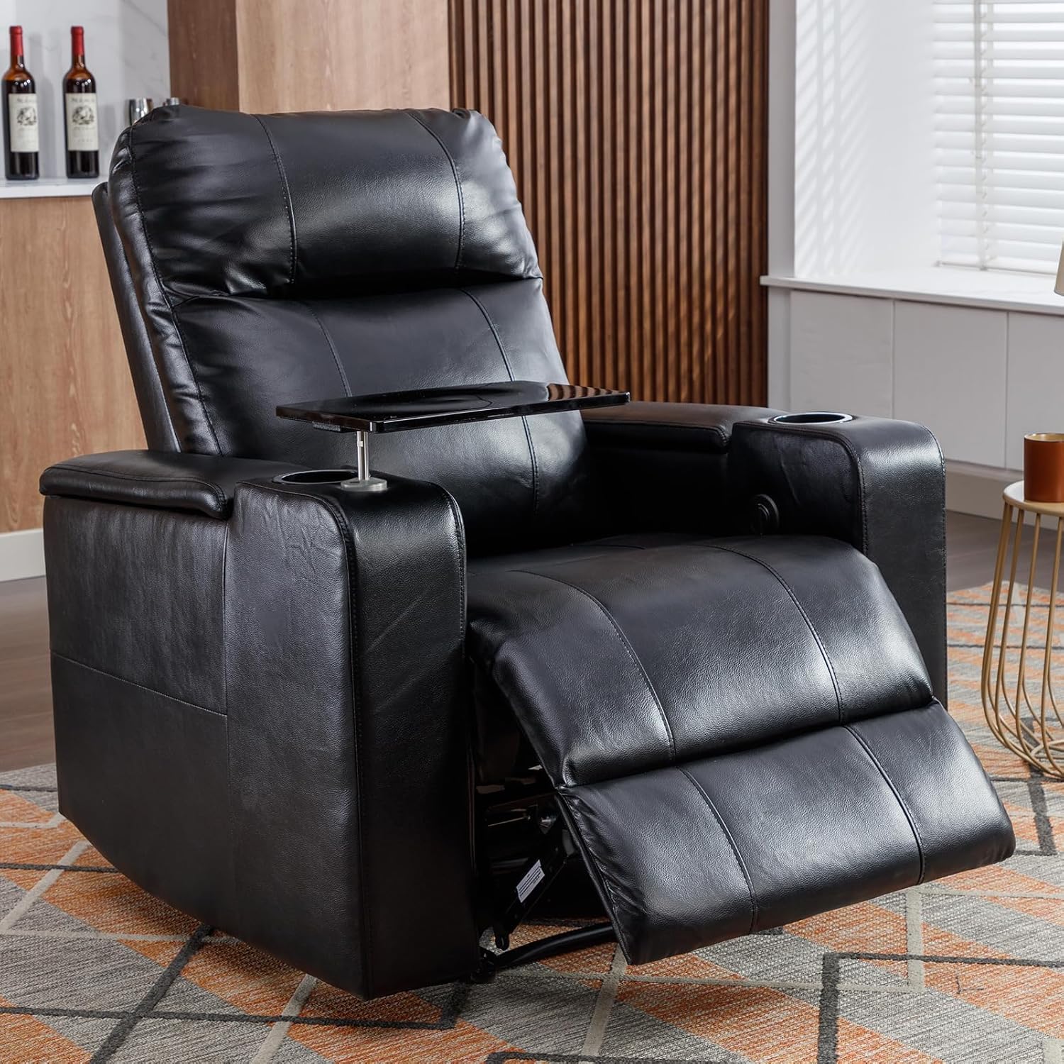 ANJ Power Recliner Chair with USB Ports, Faux Leather Home Theater Seating with Swivel Tray Table, Electric Movie Reclining Chairs with Cup Holders, Hidden Arm Storage (Black)
