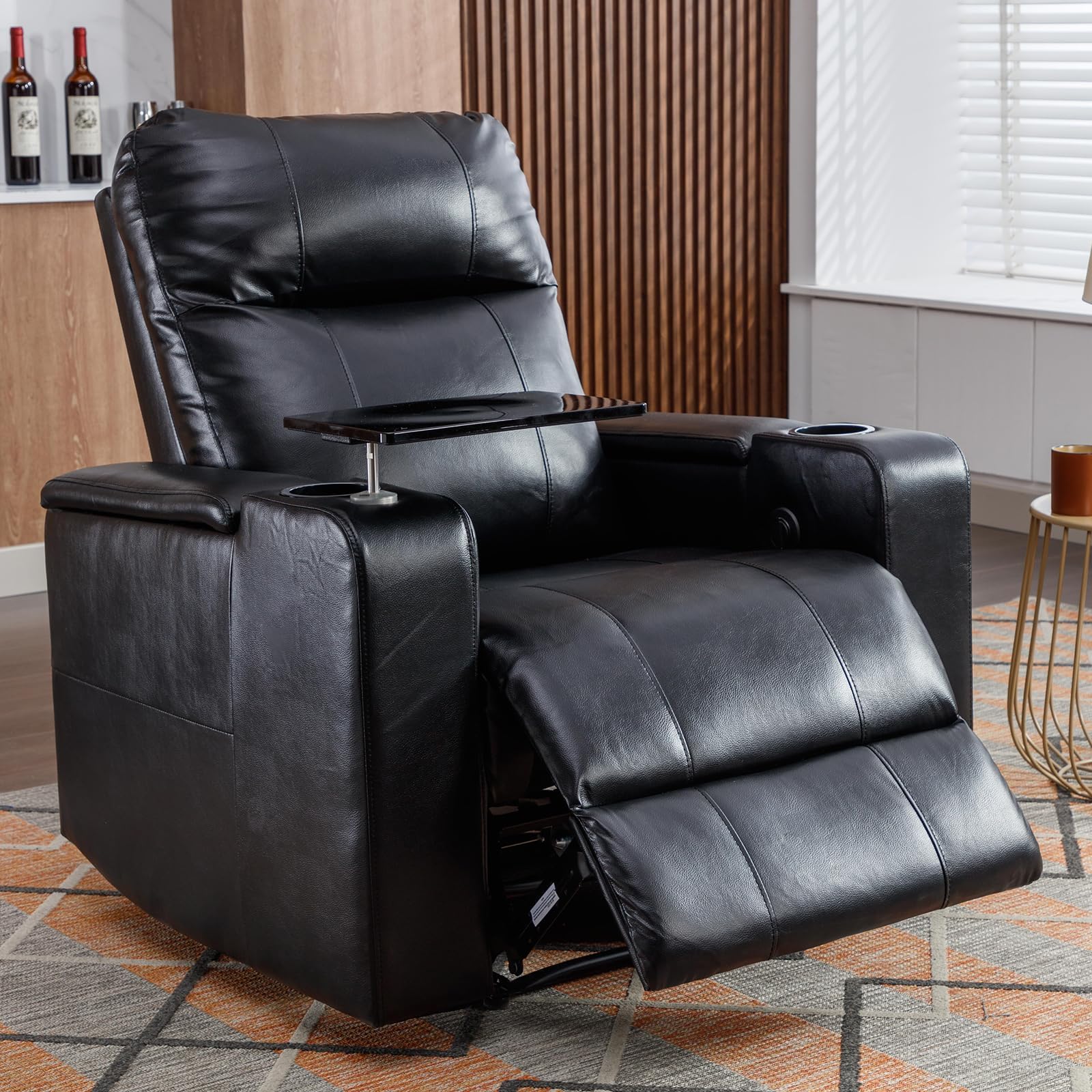 ANJ Power Recliner Chair with USB Ports, Faux Leather Home Theater Seating with Swivel Tray Table, Electric Movie Reclining Chairs with Cup Holders,