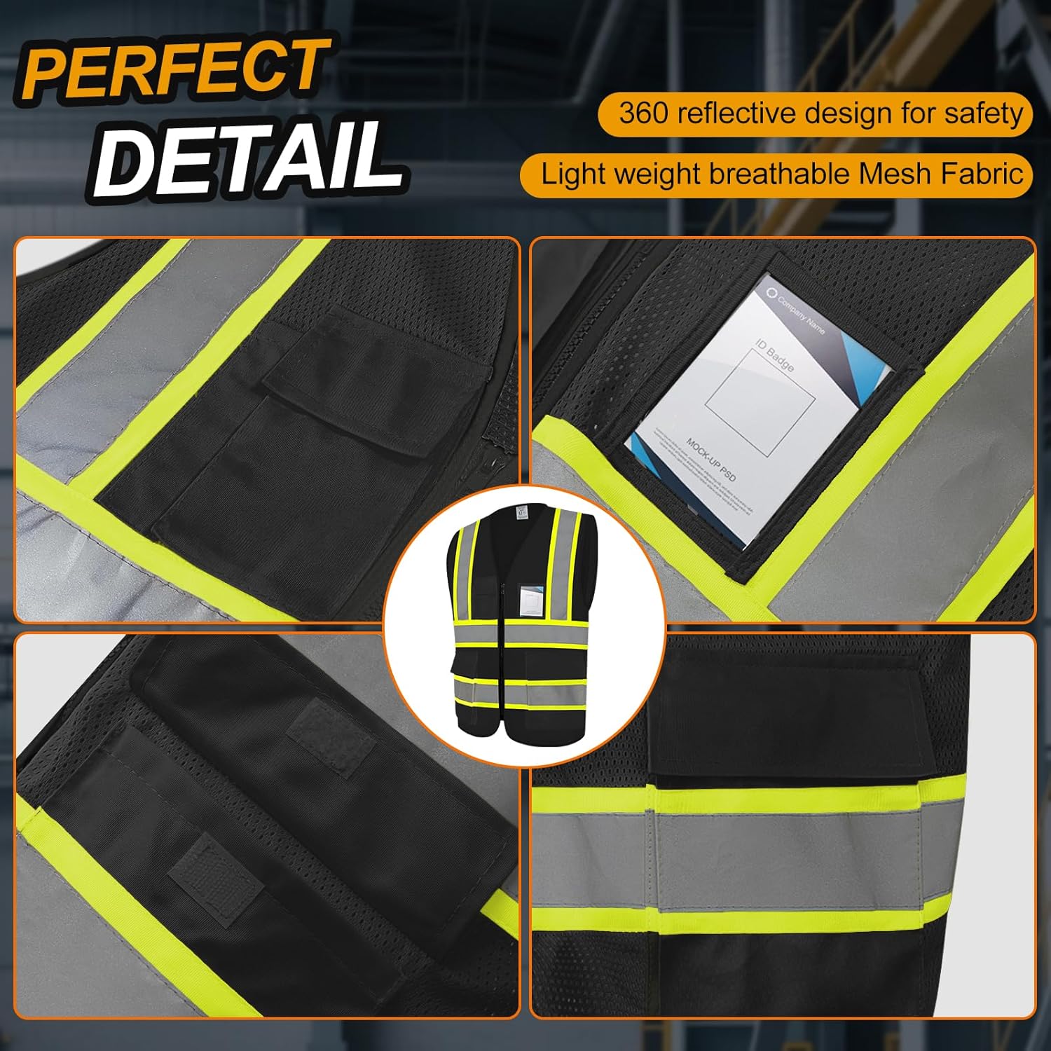 Safety Vest for Men Women 5 Pockets High Visibility Vest with Reflective Strips, Hi Vis Vest with Mesh Fabric, Breathable, (GR720-Black,L). - Image 3