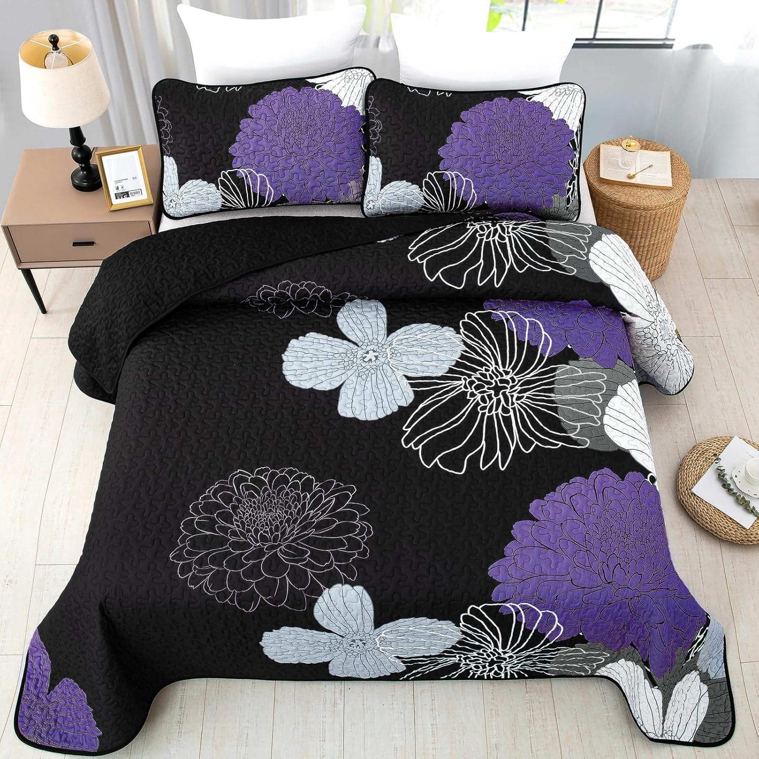 Purple Floral Quilt Set Queen Size - 3 Pieces Purple Flower Pattern Coverlet Set, Soft Microfiber Lightweight Quilted Bedspread for All Season with 2 Pillowcases All Seasons Bed Cover Set 96"x90" - Image 3