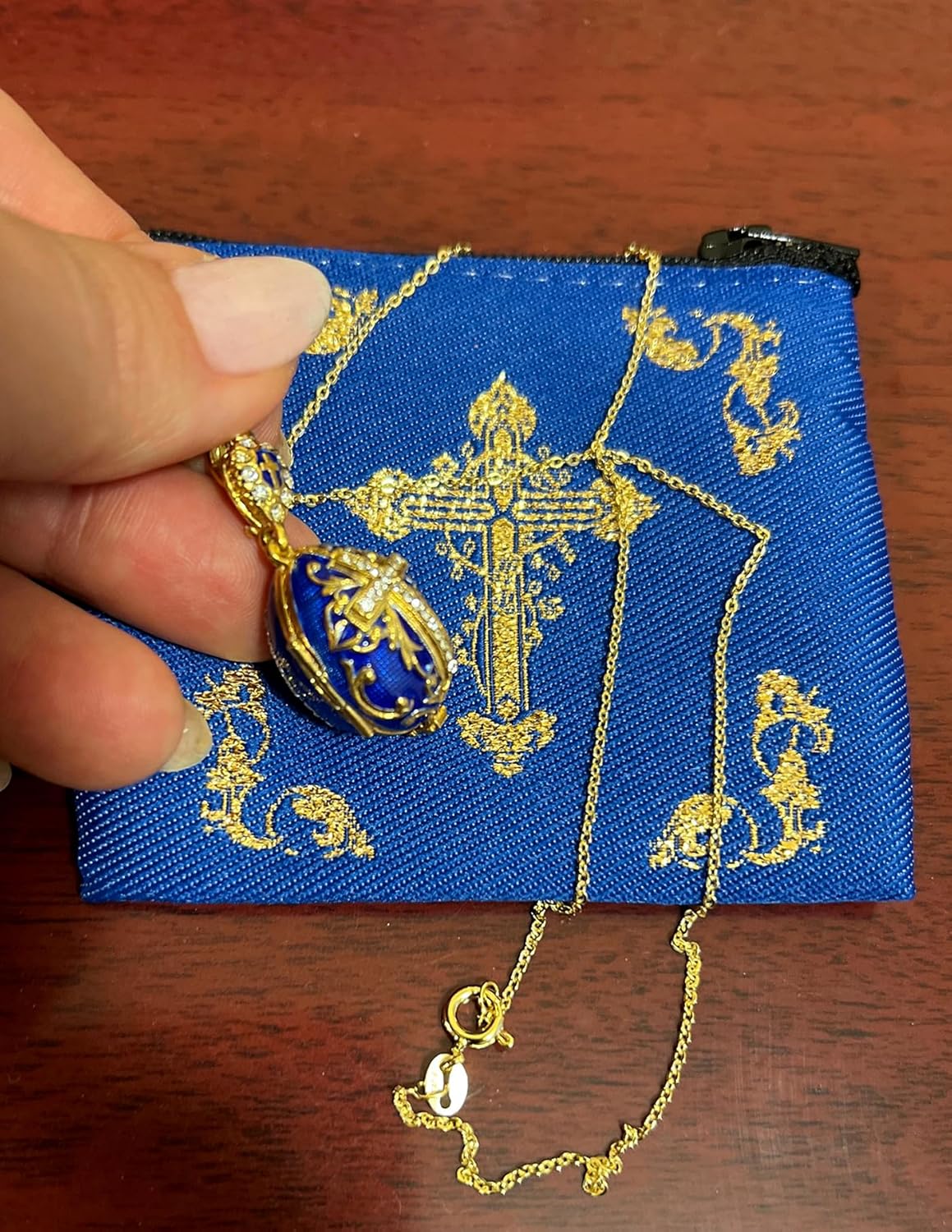 Religious Gifts Virgin Mary and Christ Blue Egg Icon Locket Cross Pendant Silver Gold Tone 1 1/2 Inch, Chain 18 inch, on Gift Pouch