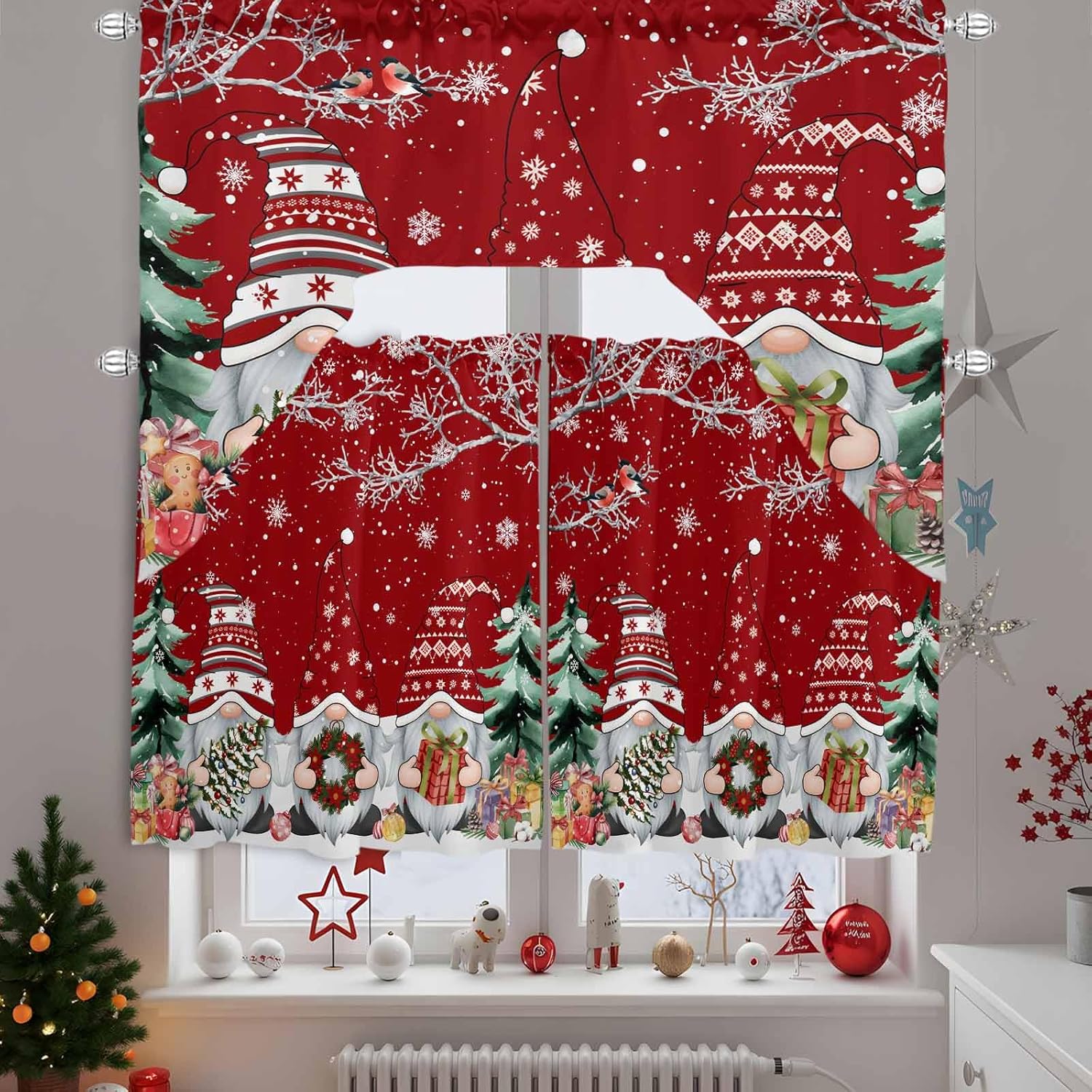 Xmas Gnomes Swag Kitchen Curtain Sets with Valance,3 Pieces Rod Pocket Curtain Drapes for Bedroom Living Room Bathroom Windows,Christmas Snowflake Tree Branch Bird Red 56''x36'' & 24''x27.5''x2Panels