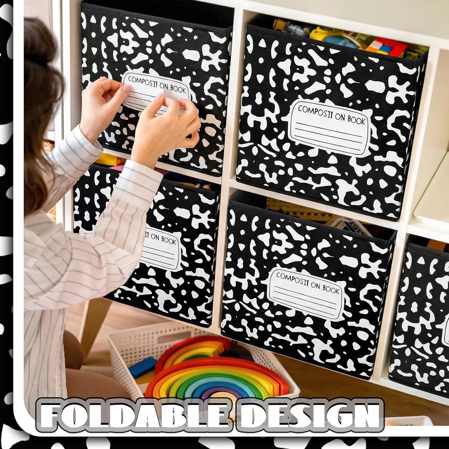 6 Pcs 11 Inch Composition Notebook Fabric Storage Bins Classroom Storage Organizer with Handles Classroom Must Haves Cubby Basket Bins for Back to School Nursery Office Home Supplies