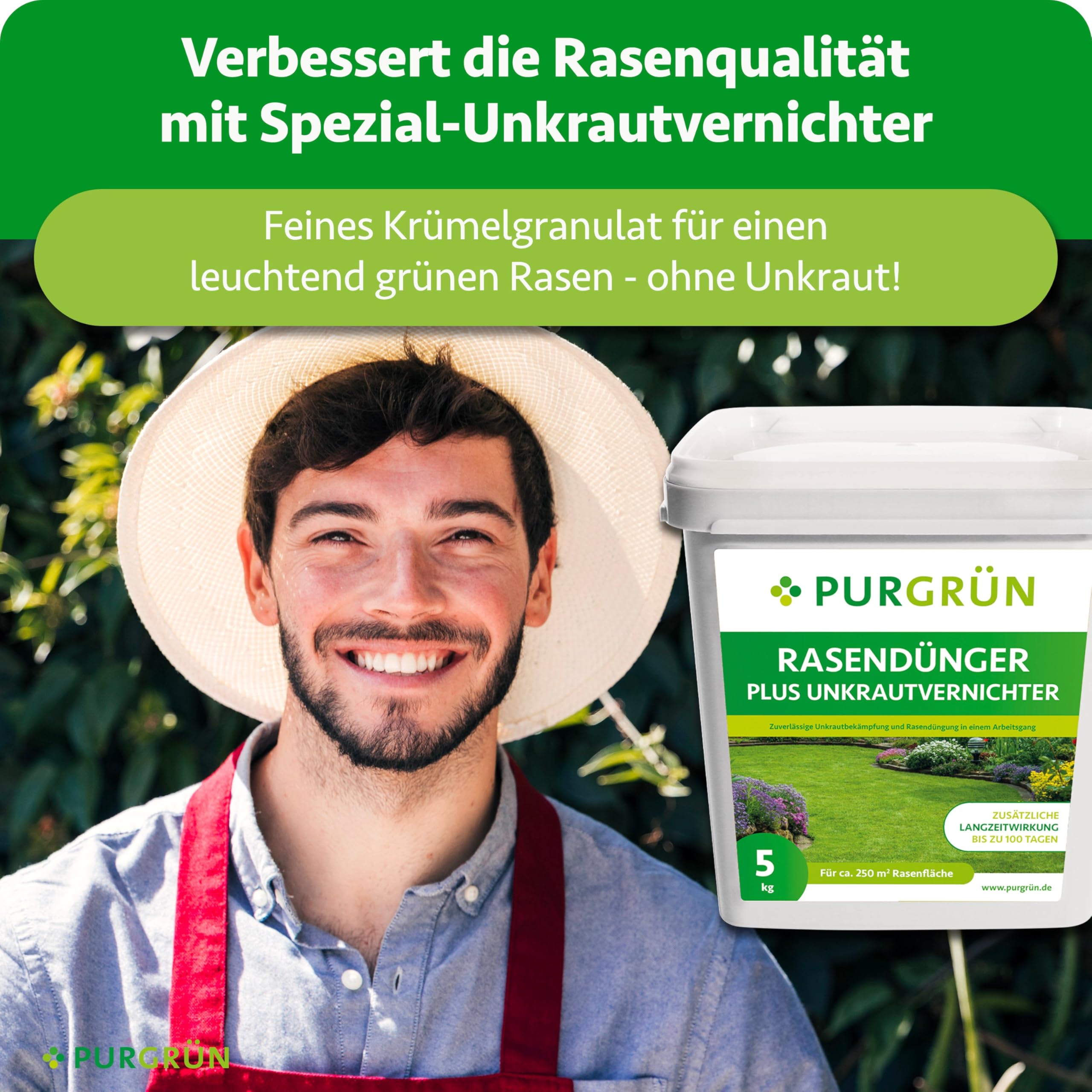 Rasendünger mit Unkrautvernichter 5 kg – Schnell wirksame mineralische Rezeptur – Kombi-Wirkstoff gegen Unkraut – NPK 22+5+5 – 100 Tage Langzeitwirkung – Profi-Qualität – Für jeden Rasen
