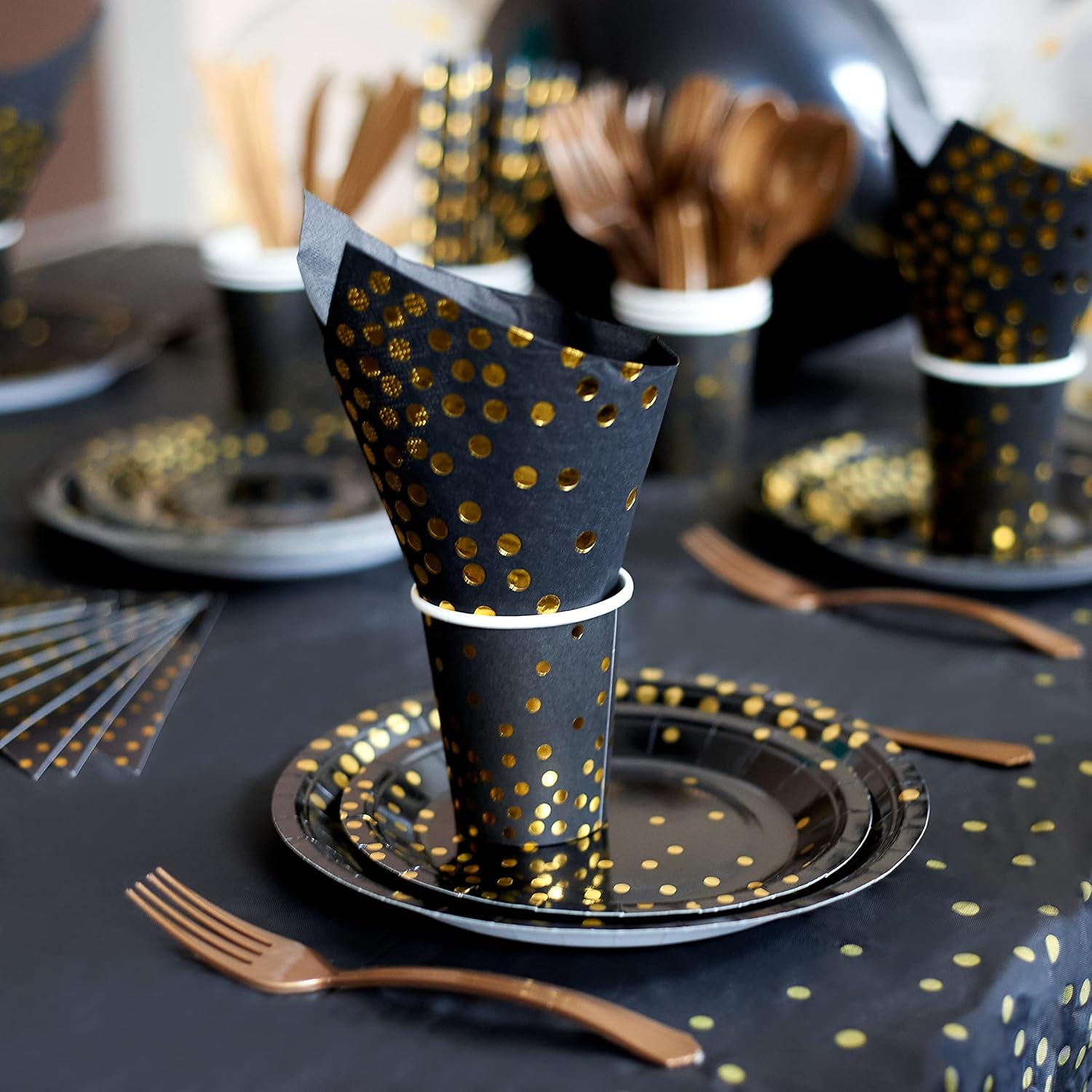147 Piece Black & Gold Party Supplies Set. Gold Dot Disposable Party