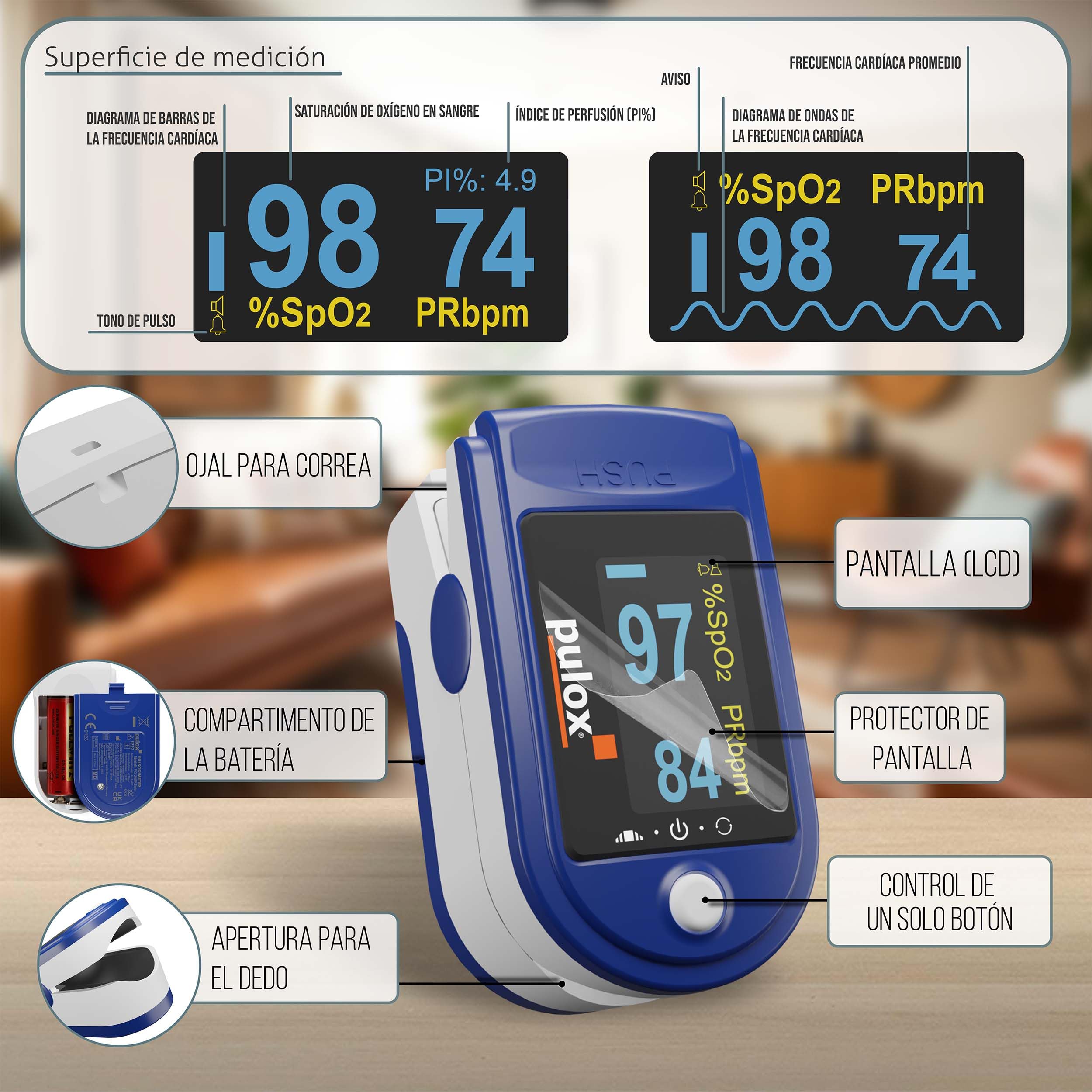 Pulsioxímetro Pulox PO-200A Solo en azul - Oxímetro con señal acústica para medir pulso, saturación de oxígeno y Índice de perfusión