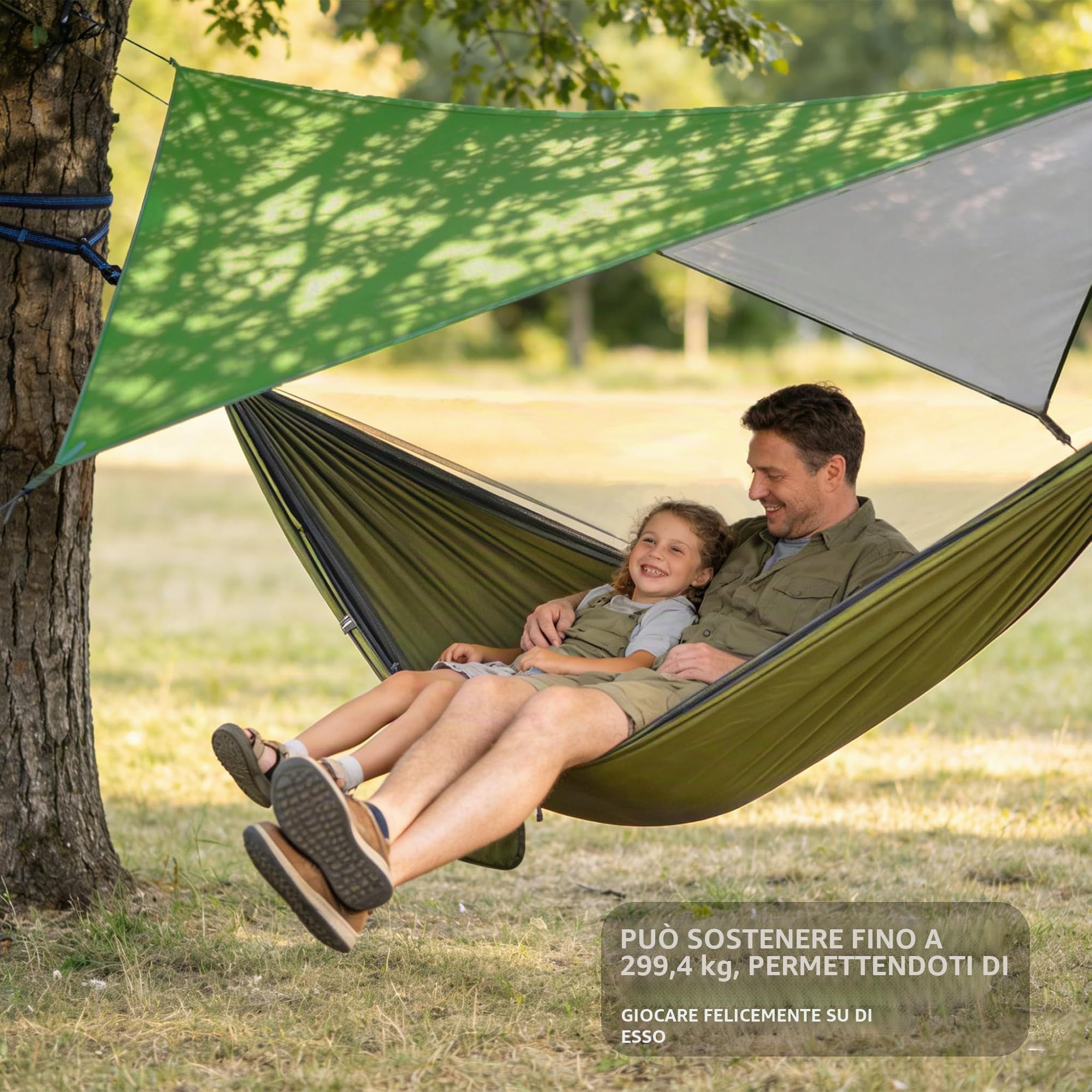 Amaca da Giardino Campeggio Leggera, Amaca da Esterno con Zanzariera e Tenda Parasole, 290x140cm 210T Doppi Strati Nylon Paracadute Amaca Sospesa per Viaggio Escursionismo