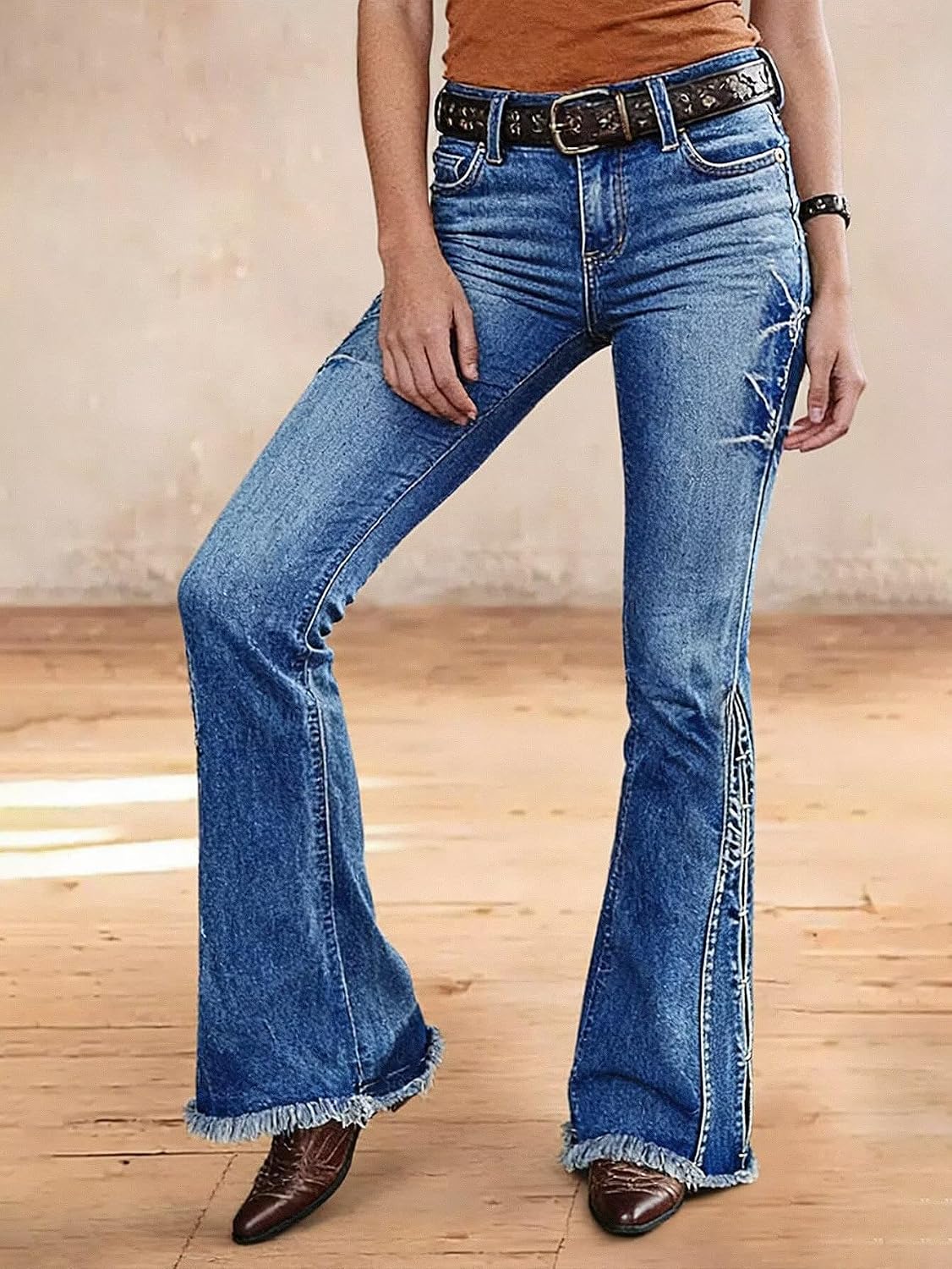 Flamingals Flare Leg Jeans for Women Mid Waist Wash Stretch Raw Hem Bell Bottom Bootcut Denim Jeans