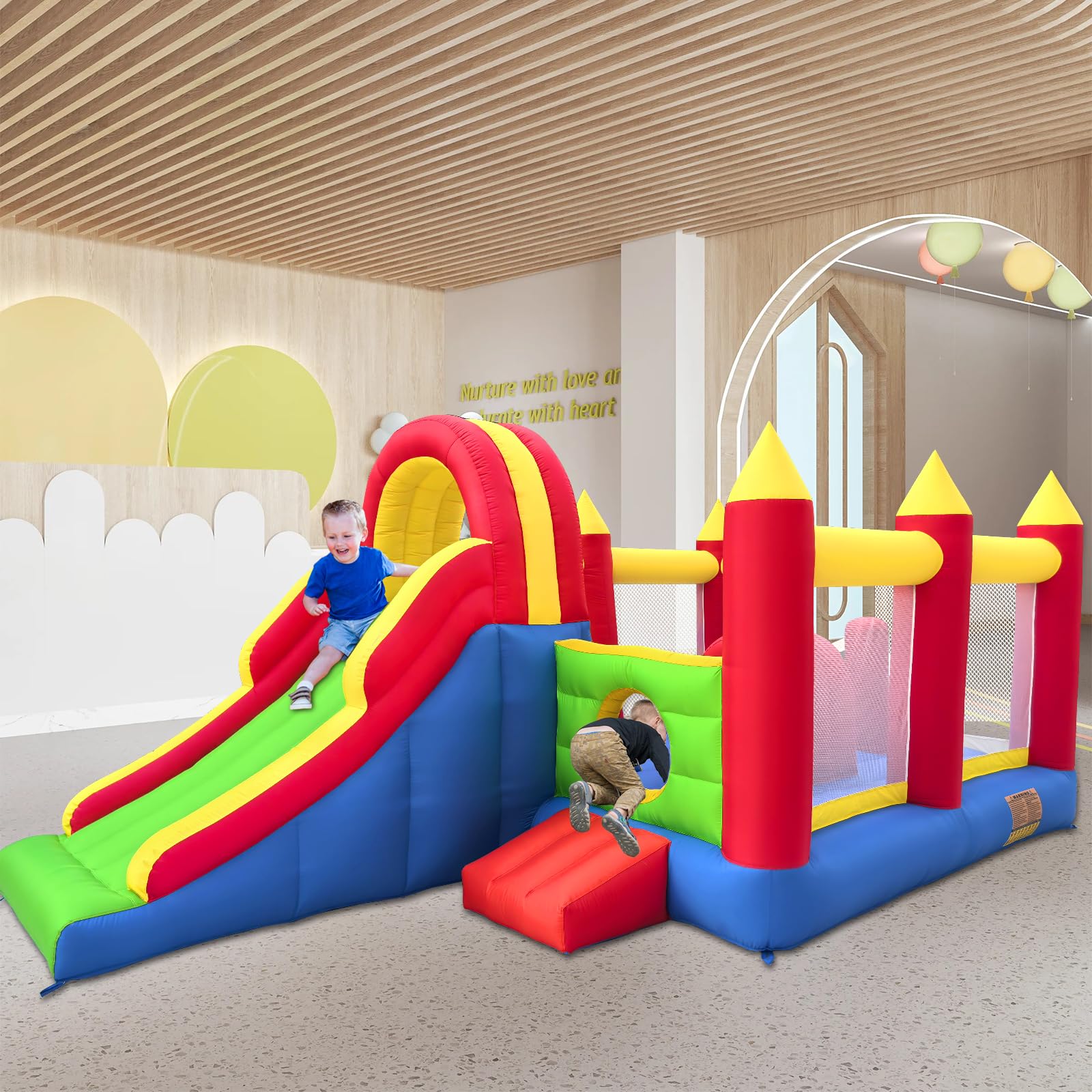 Ballsea Hüpfburg XXL - Riesiges aufblasbares Schloss mit großer Rutsche und Trampolin, 592x290x216 cm - Ideal für Kindergeburtstag und Garten (ohne Gebläse)