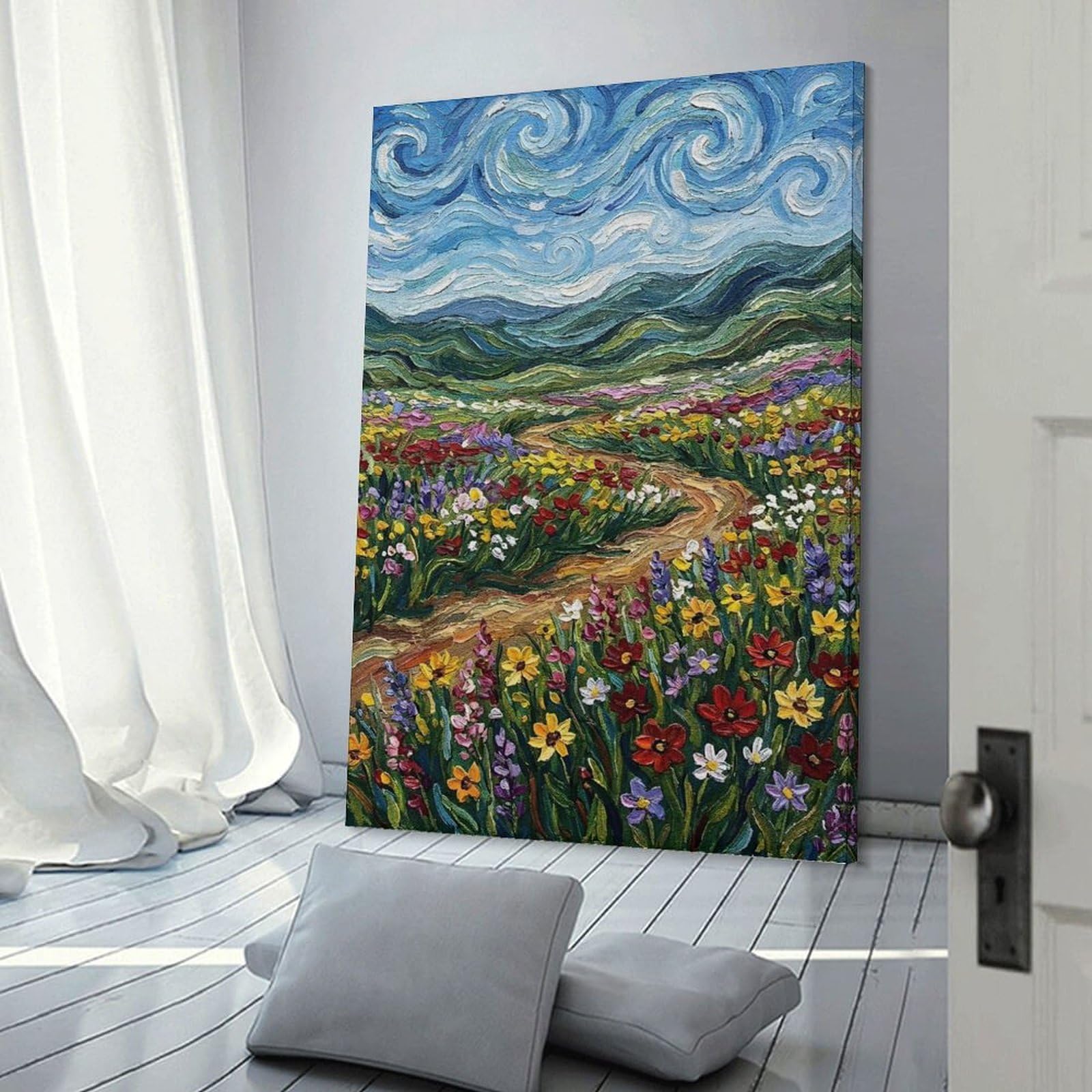 Junmoney Impressionistic Wildflower Field Painting Canvas Wall Art, 24x36inch(60x90cm), for Bedroom Decor, Cosy Corners Or Studios, Stylish Decor for A Restful Room Update