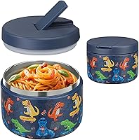 Pawtong 12oz Leakproof Insulated Food Jar with Buckle Lid - Wide Mouth Stainless Steel Thermo for Kids Hot Soup & Lunch (Blue Dinosaur)