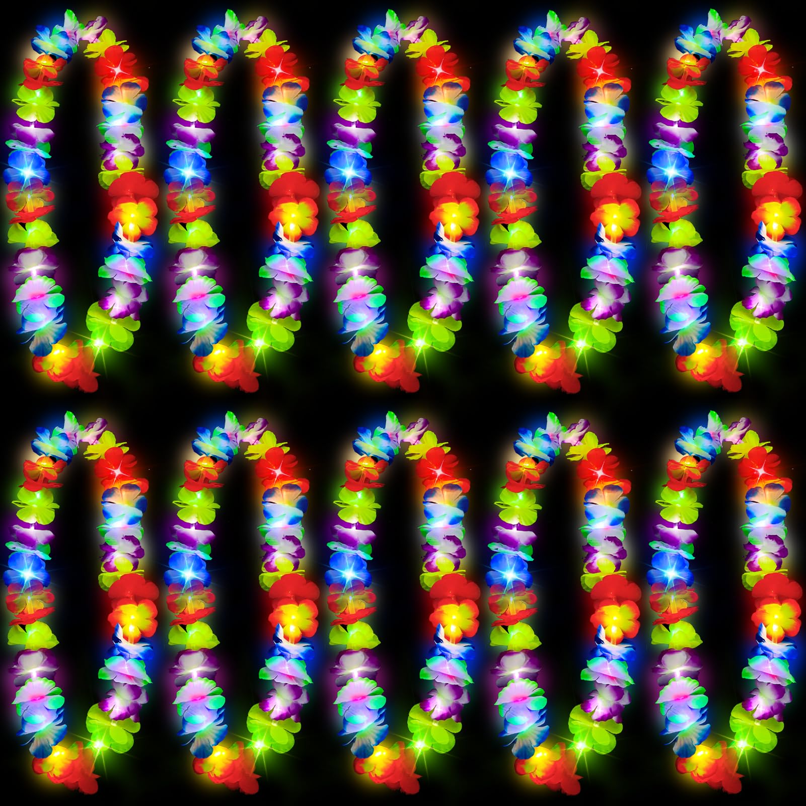 Joycabin Pack of 10 LED Hawaii Chains Flowers, Luminous Hawaiian Flower Chains, Hawaiian Decorative Garlands, Colourful Flower Chains Hawaii for Children Adults Tropical Birthday Party Beach Holidays