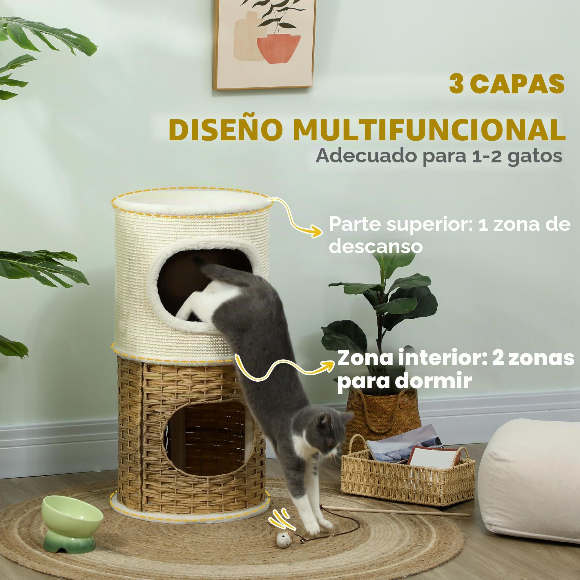 PawHut Barril rascador de 80 cm de alto, 40 cm de diámetro, 3 pisos, con borde de felpa, cueva para gatos, árbol rascador para gatos medianos, color crema y marrón