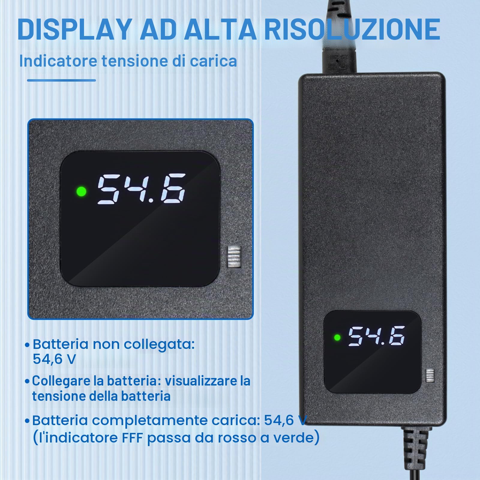 Caricabatterie da 54,6 2 A per scooter elettrico, 48 V, 13 s, batteria agli ioni di litio a 1 foro, spina da 5,5 x 2,1 mm, alimentatore di rete da 48 V con ventola integrata, con display per la